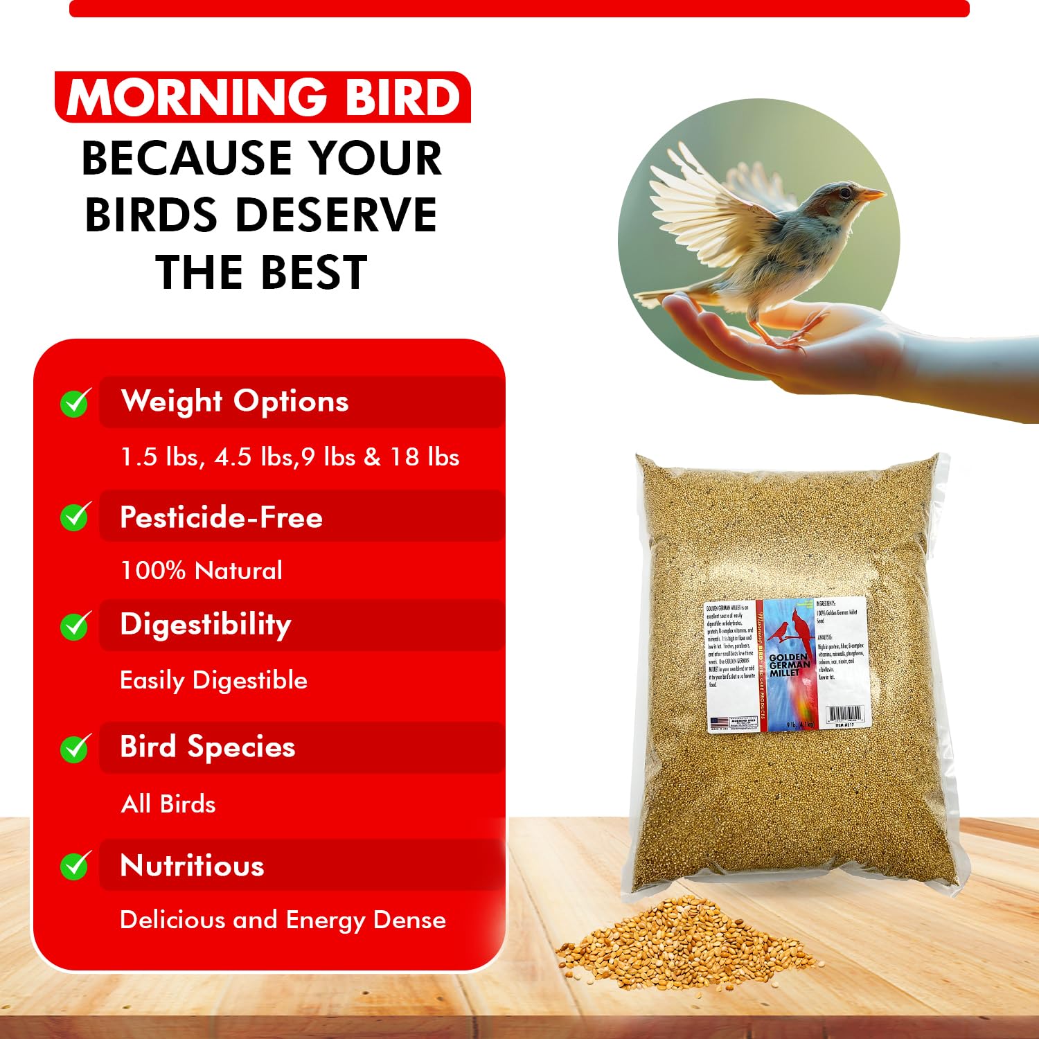 Morning Bird Millet doré, qualité naturelle pour une digestion et énergie soutenues.
