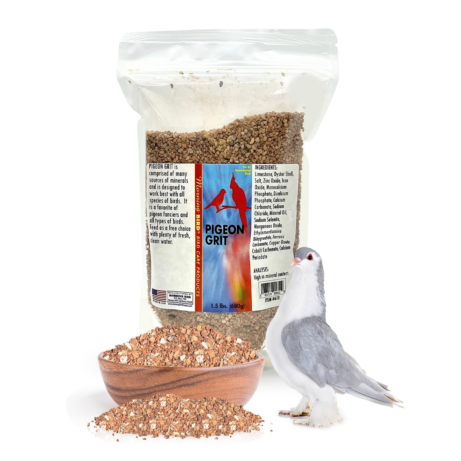 Morning Bird Pigeon Grit dans un emballage transparent, pratique pour suivre le niveau.