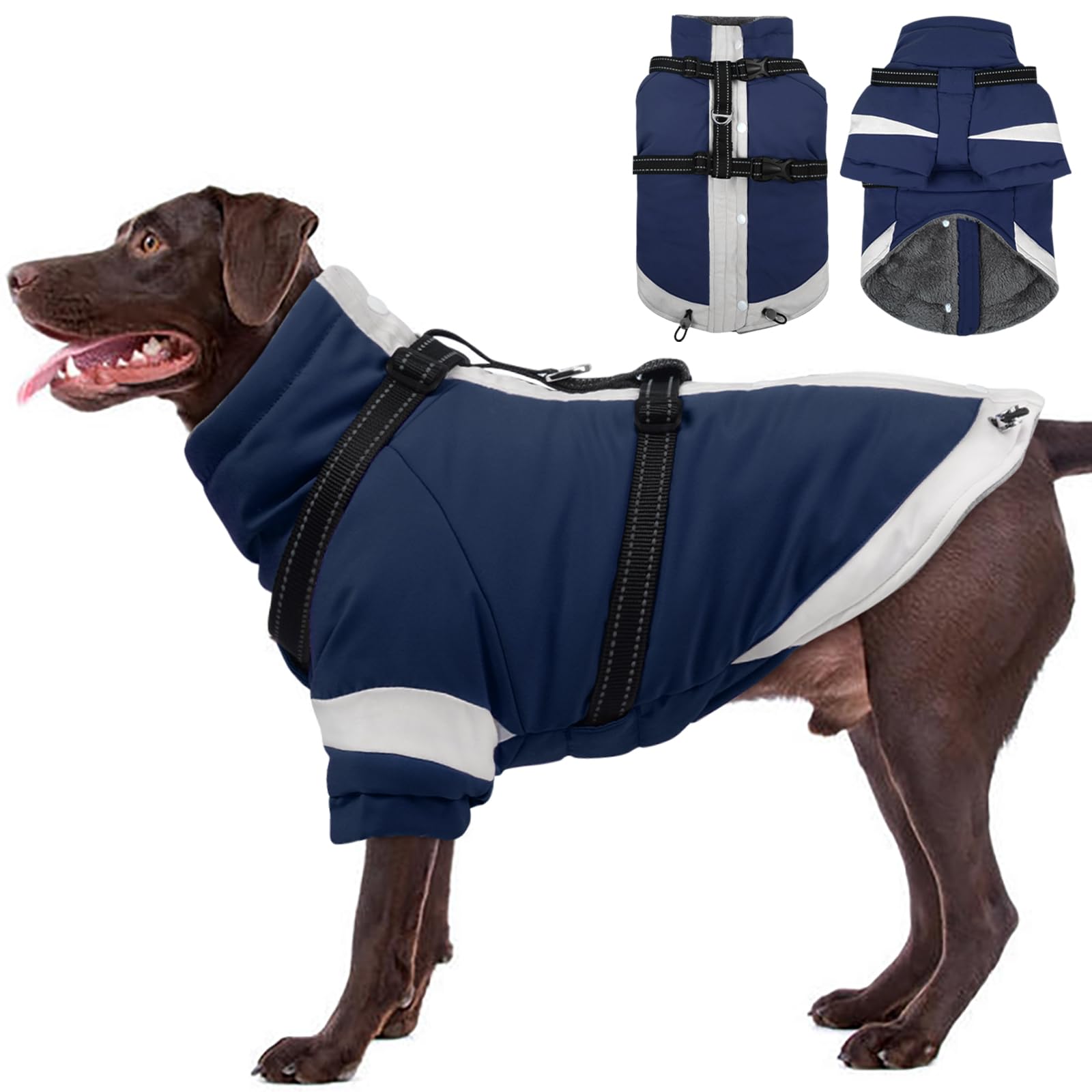 MORVIGIVE manteau d'hiver XXL avec harnais intégré – vue avant, pour des promenades sécurisées.