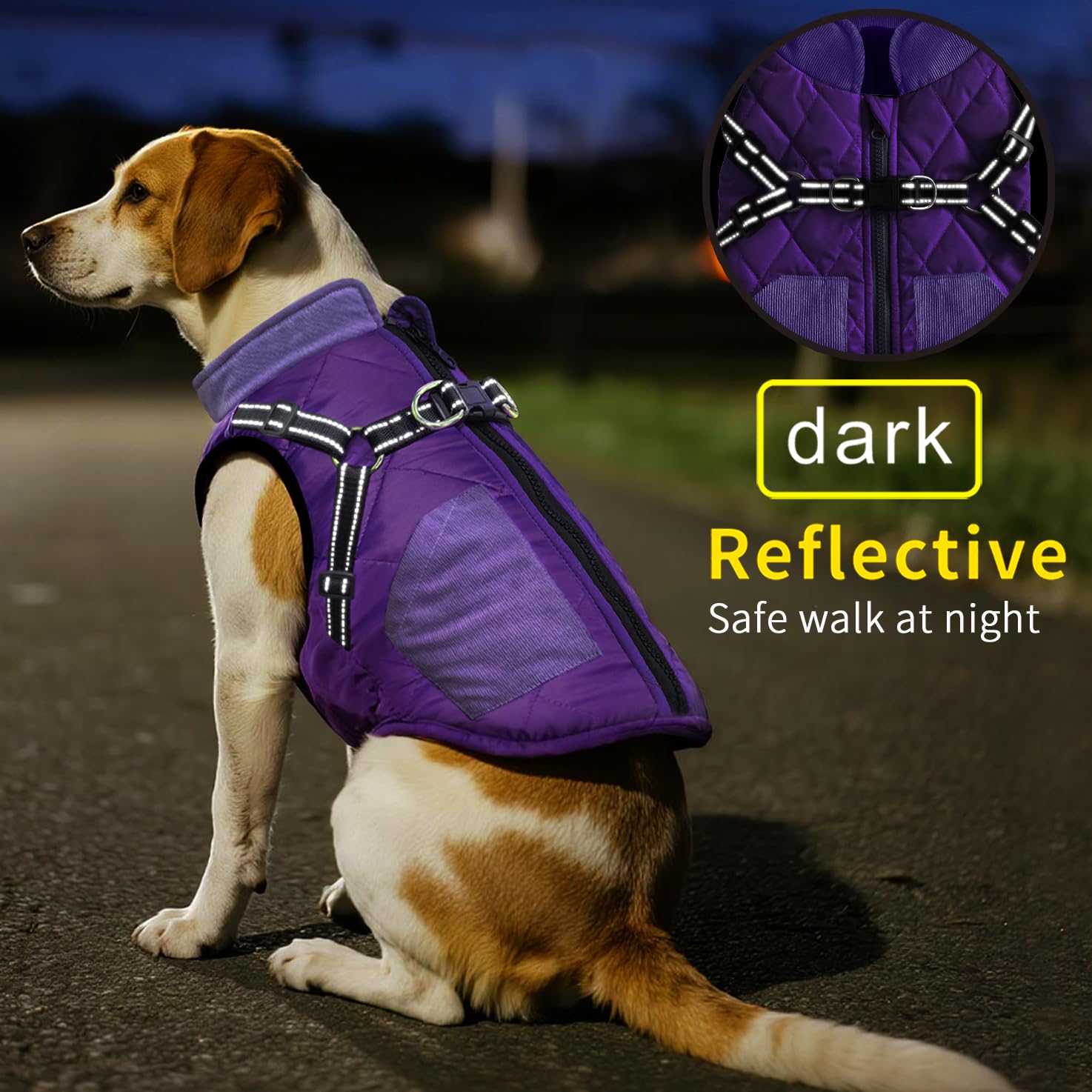Mosucoirl manteau violet XXL, bandes réfléchissantes pour une promenade en sécurité nocturne.