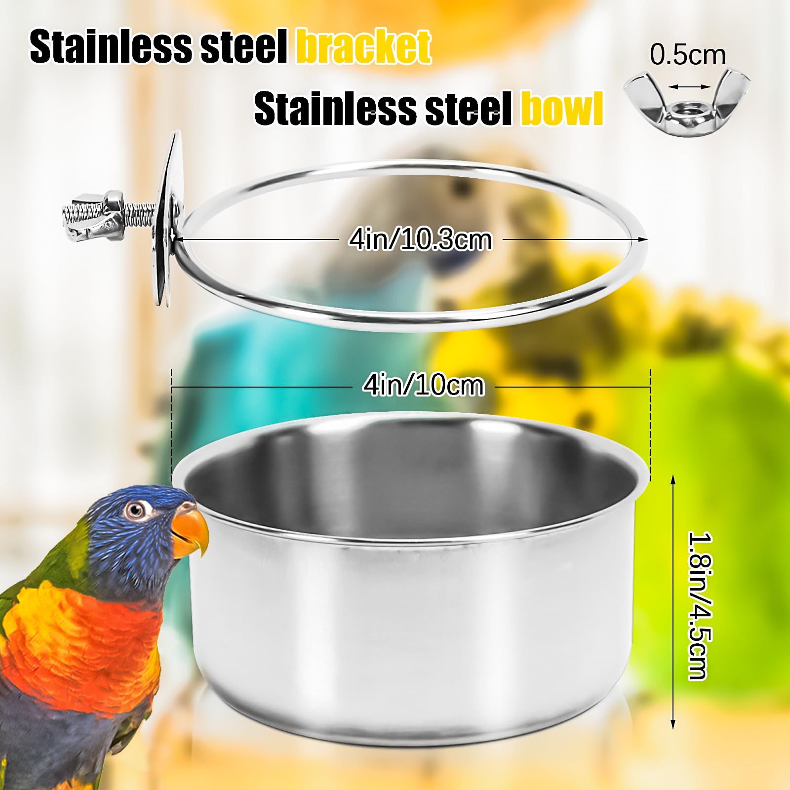 Bol MotBach inox de 10 cm, idéal pour eau ou nourriture des oiseaux.