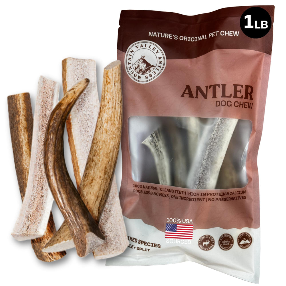 Mountain Valley Antlers emballage du pack premium, friandise naturelle pour chien.