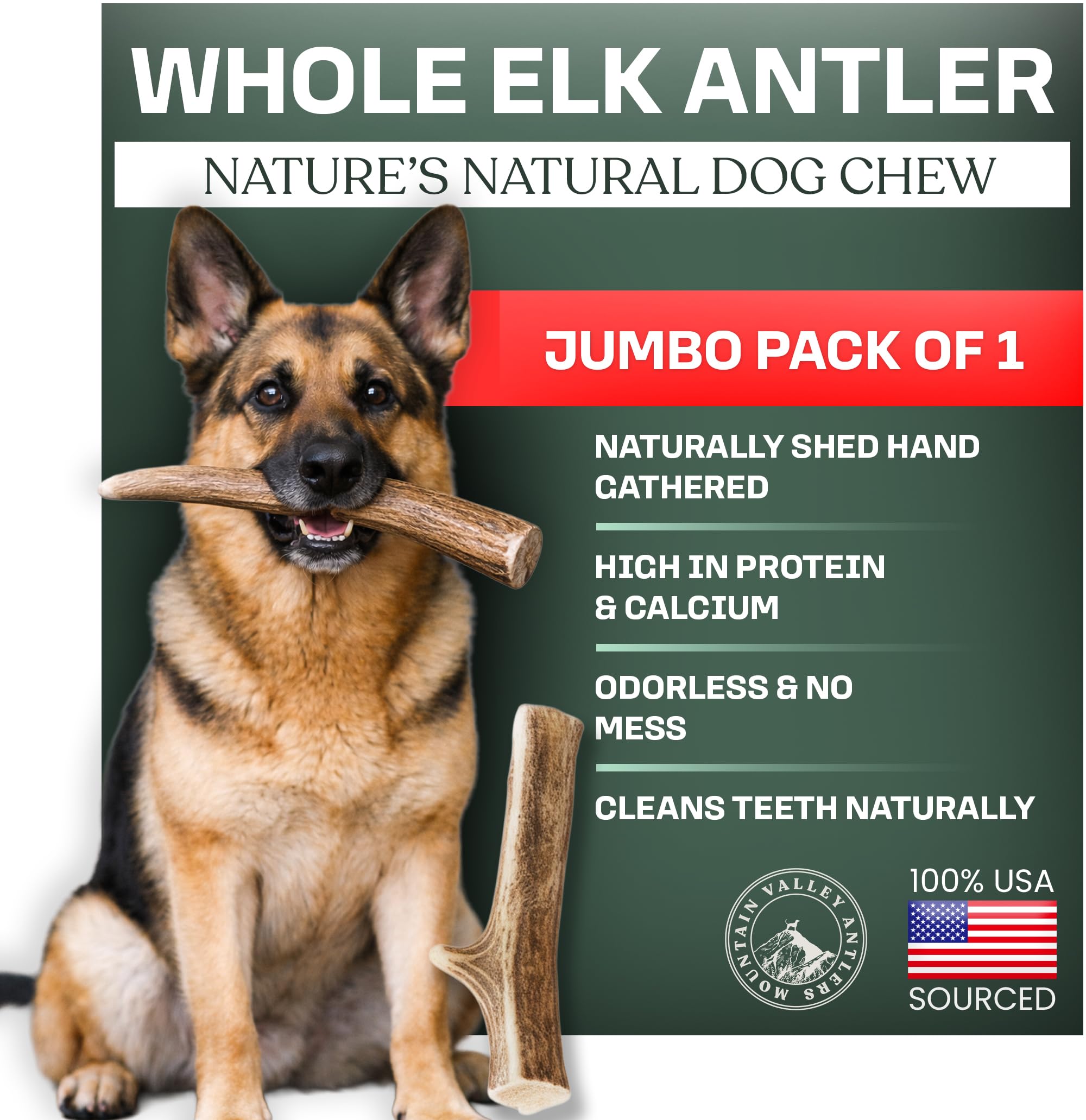 Mountain Valley Antlers emballage montrant le produit naturel sans odeur pour chiens.