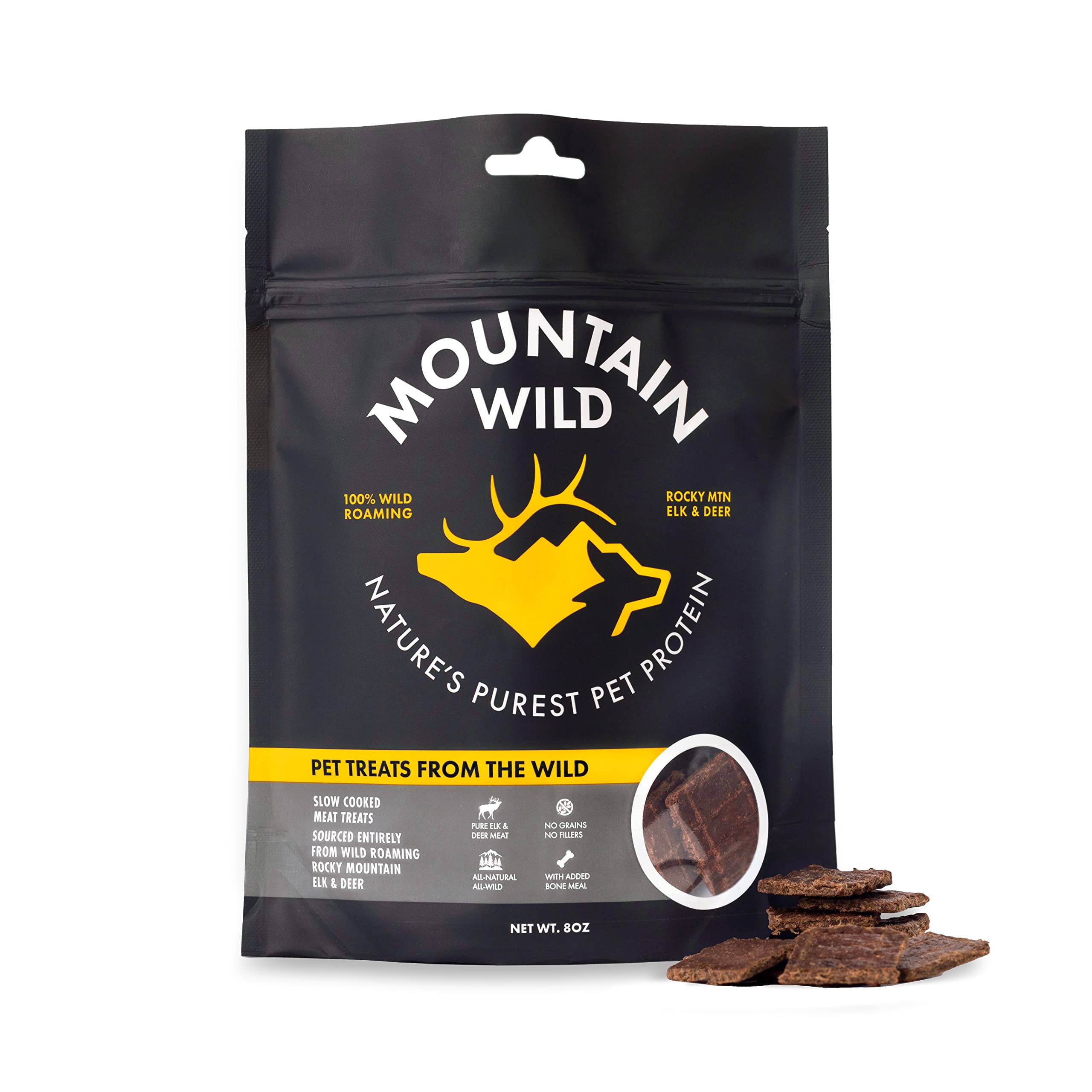 MOUNTAIN WILD emballage viandes cerf séchée, friandise naturelle pratique pour chien