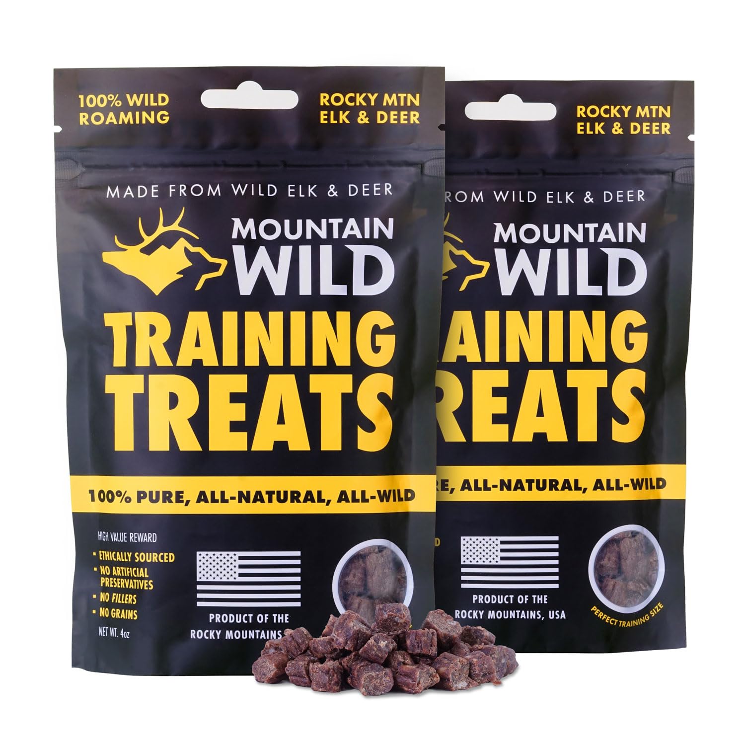 Friandises Mountain Wild à base de wapiti et venaison, parfaites pour l'entraînement.