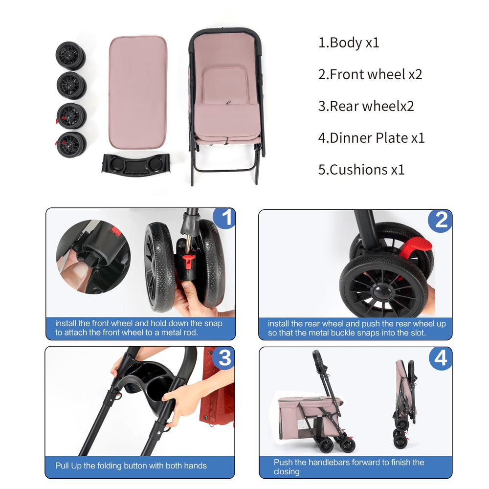 MOV COMPRA Poussette animaux rose-stockage-eau-nourriture: compartiment pratique pour sorties longues