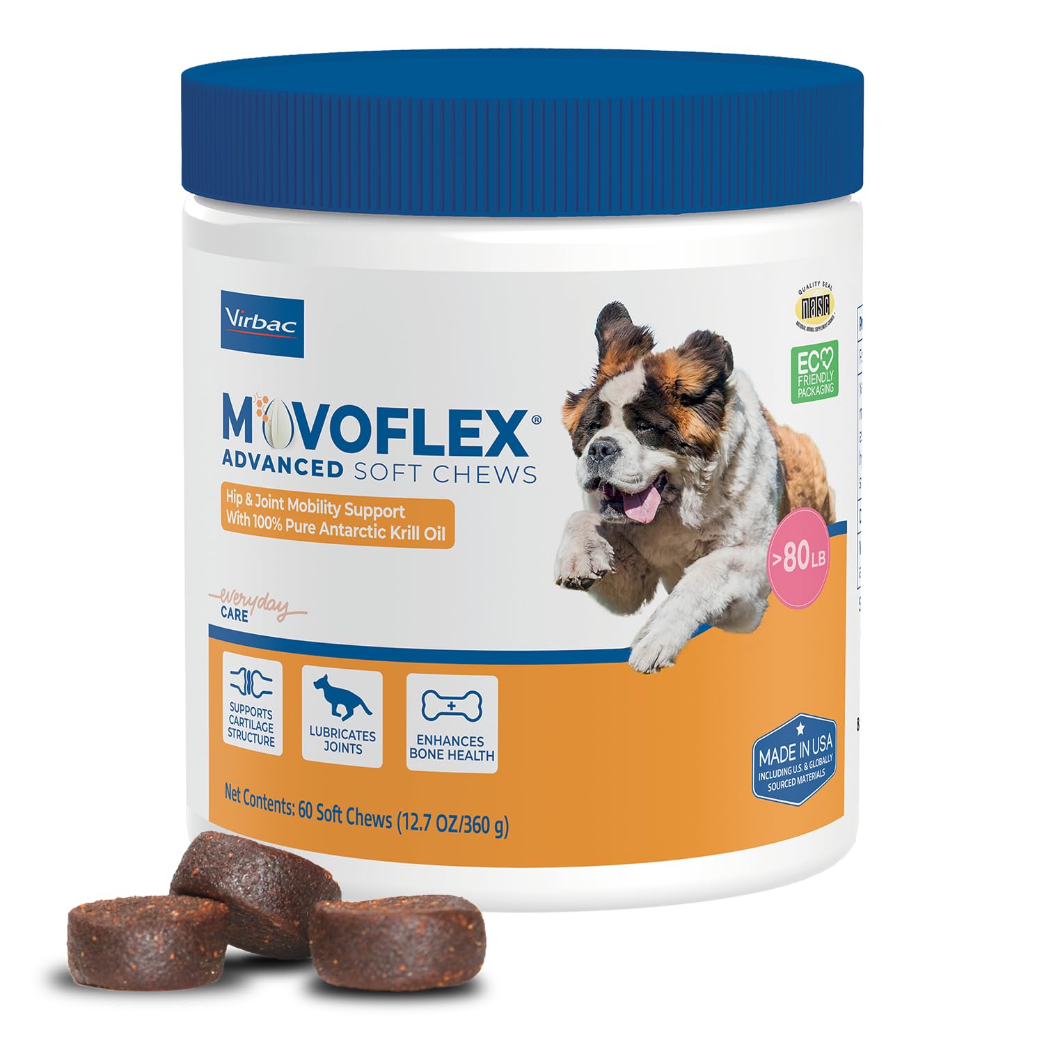 MOVOFLEX bouchées poulet soutiennent les hanches et la mobilité d’un grand chien.