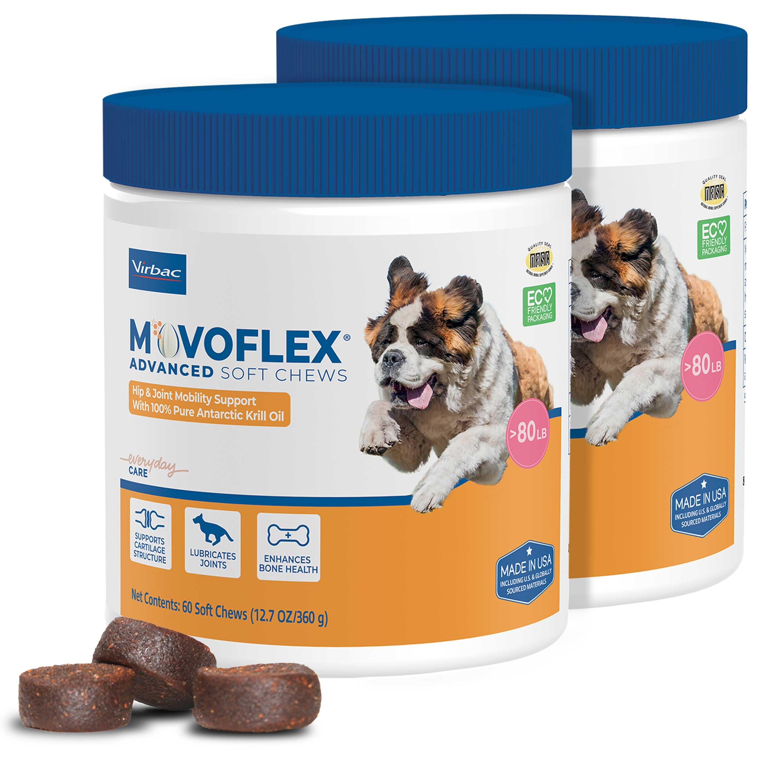 MOVOFLEX gommes molles dans l'emballage, idéal pour les articulations des chiens grands.