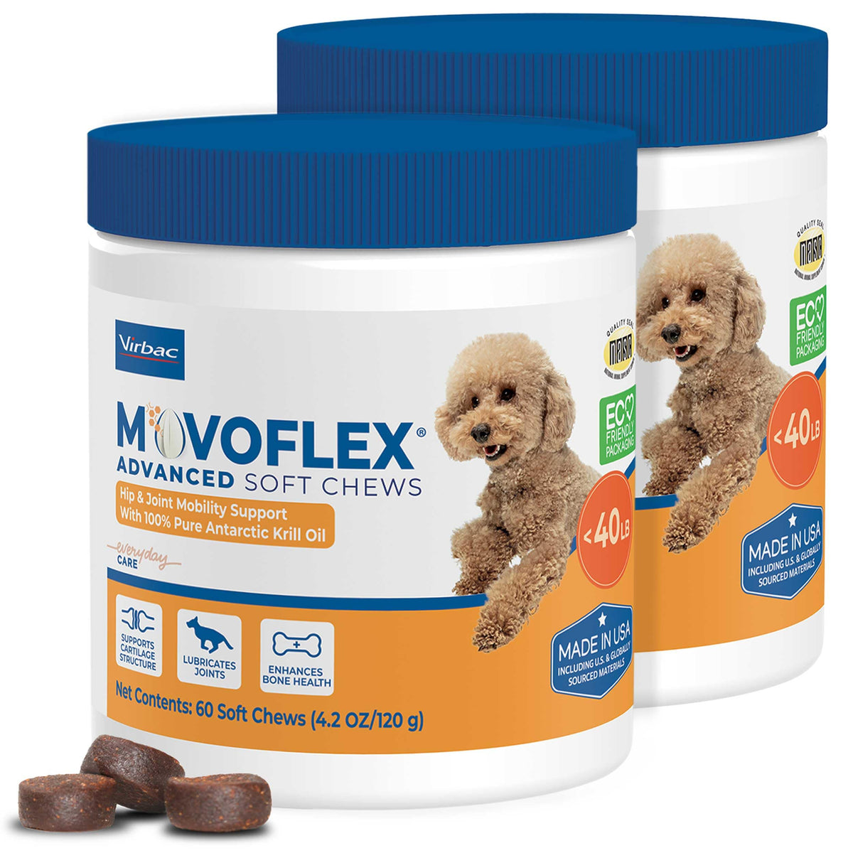 Movoflex gommes petit-chien: texture douce et goût poulet offrant un soutien potentiel à la mobilité.