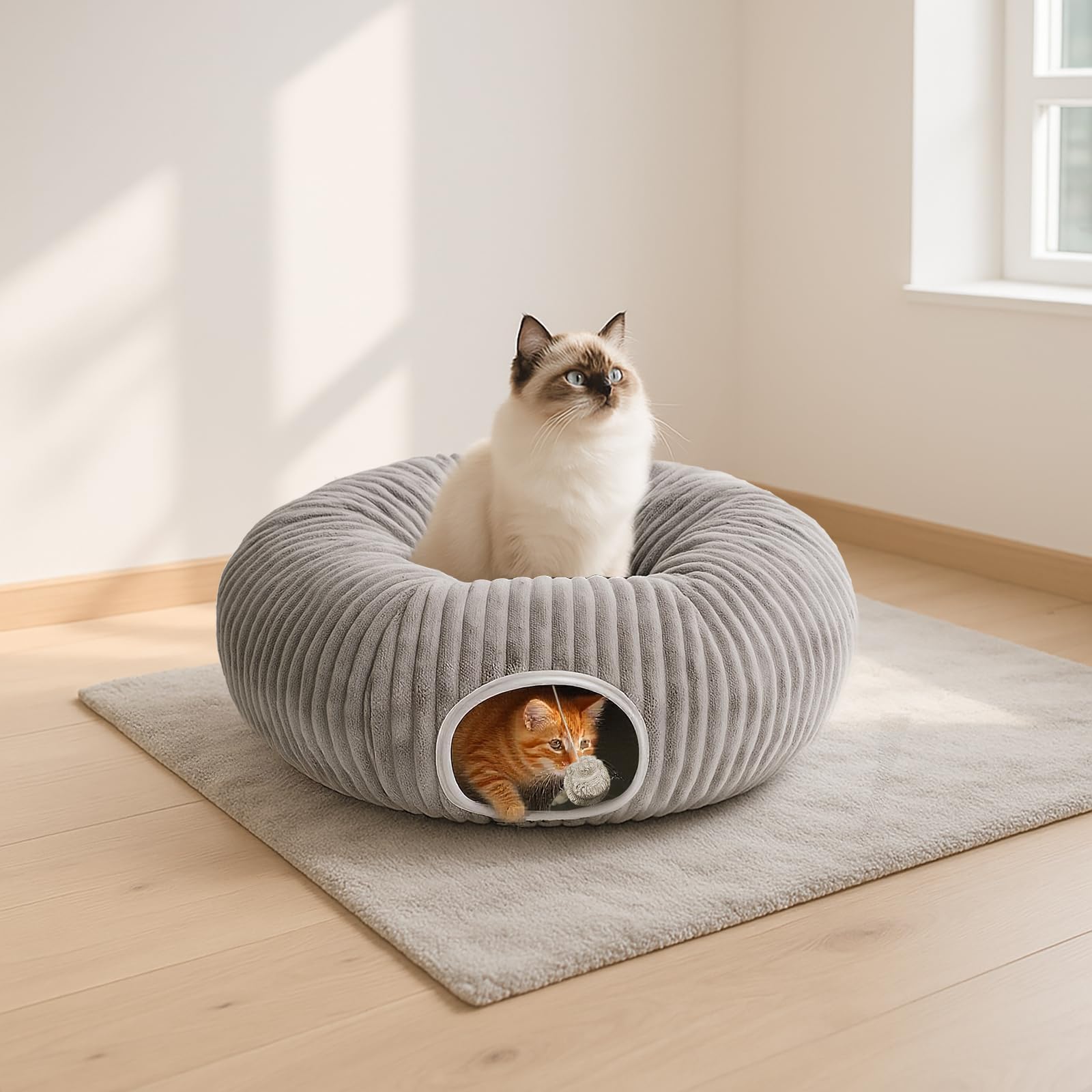 MOYMO tunnel chat porte en S gris, jeu varié pour chat curieux.