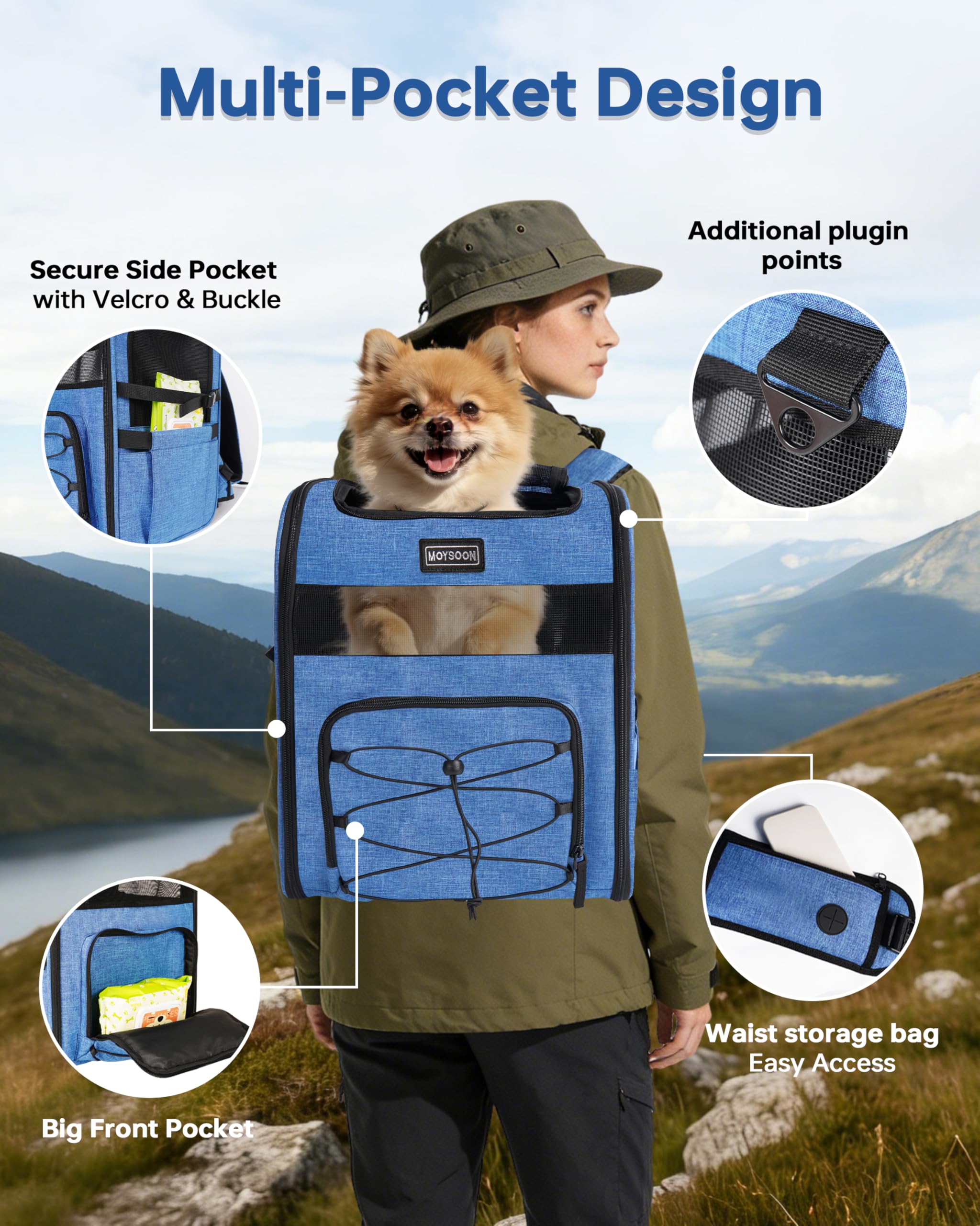 Moysoon sac porte-chien bleu, ceinture taille rembourrée pour un confort durable.
