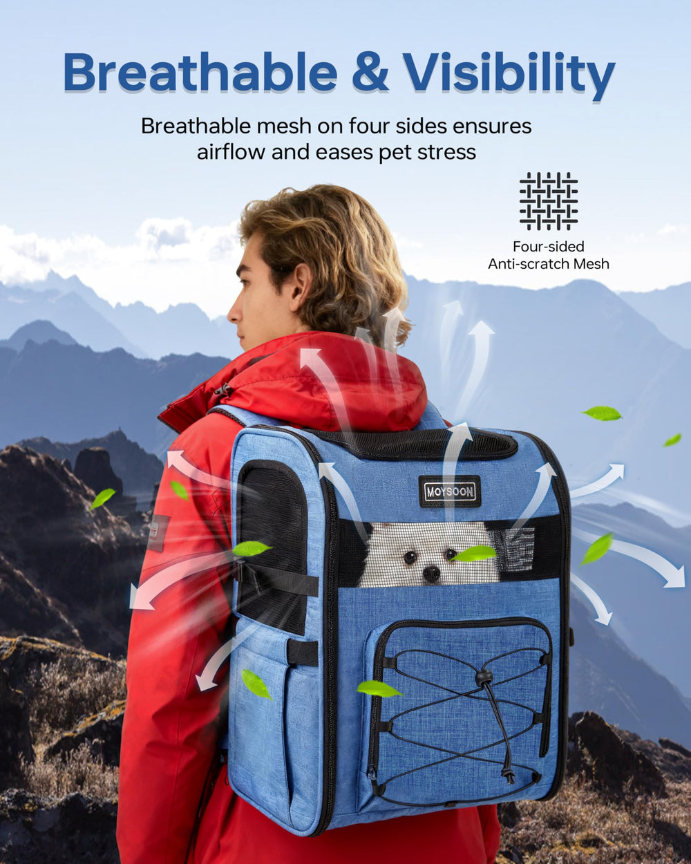 Moysoon sac porte-chien bleu, ouverture maillée haute pour que le chien regarde.