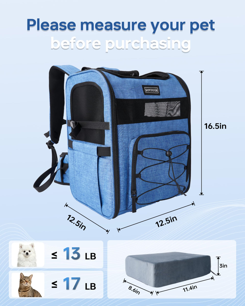 Moysoon sac porte-chien bleu, poches de rangement pour accessoires.