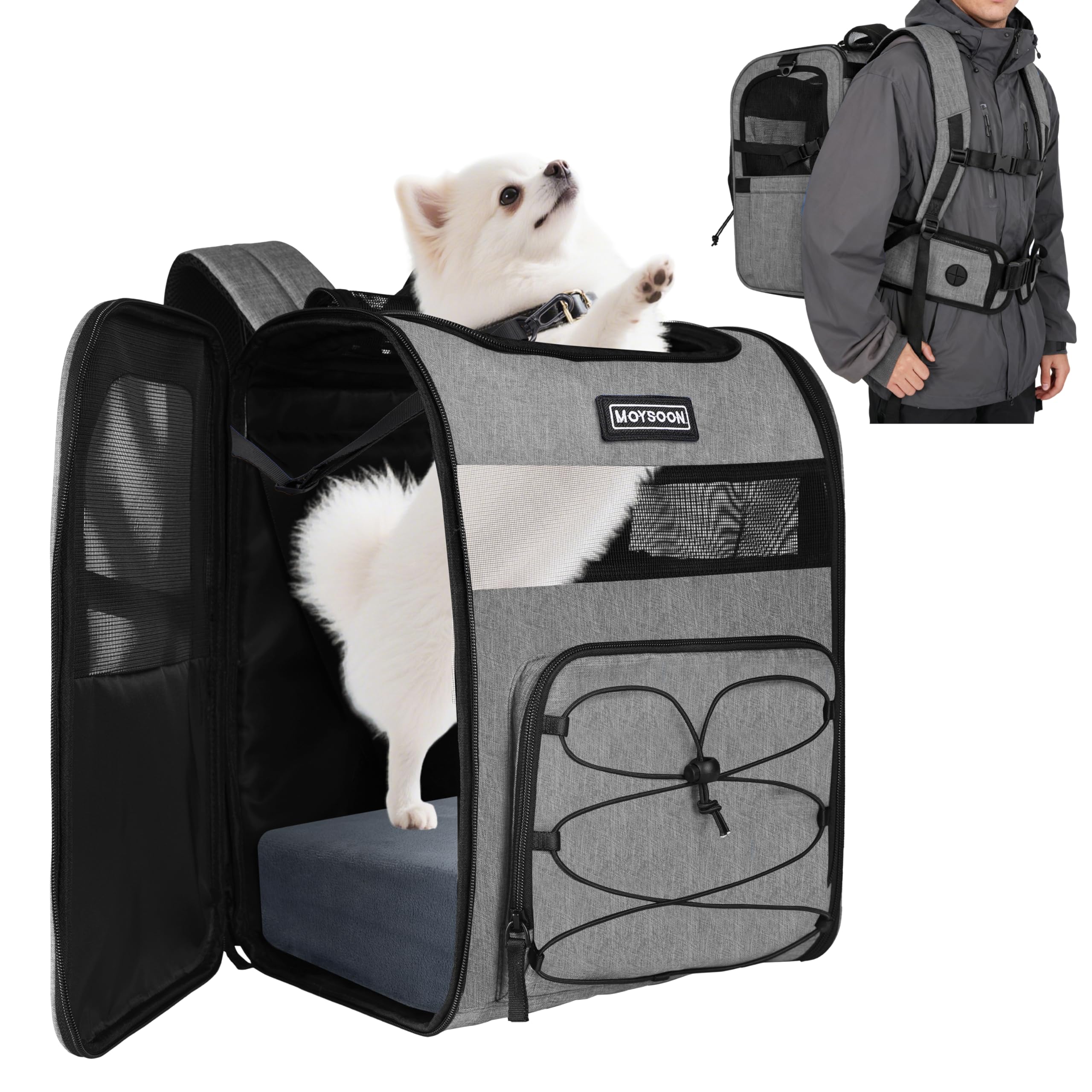 Moysoon sac dos chien randonnee avant—ouverture maillée pour rester proche et ventilé.