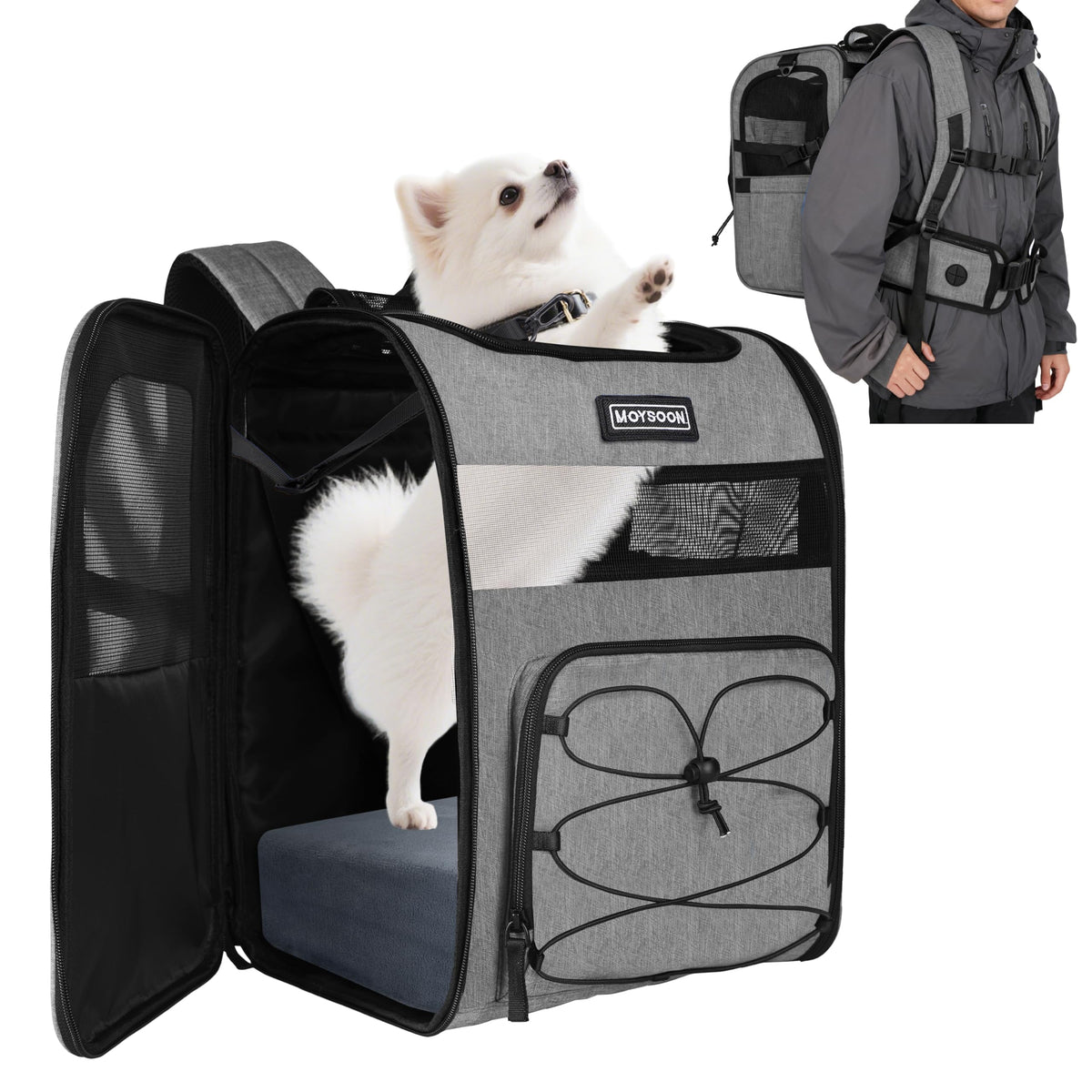 Moysoon sac dos chien randonnee avant—ouverture maillée pour rester proche et ventilé.