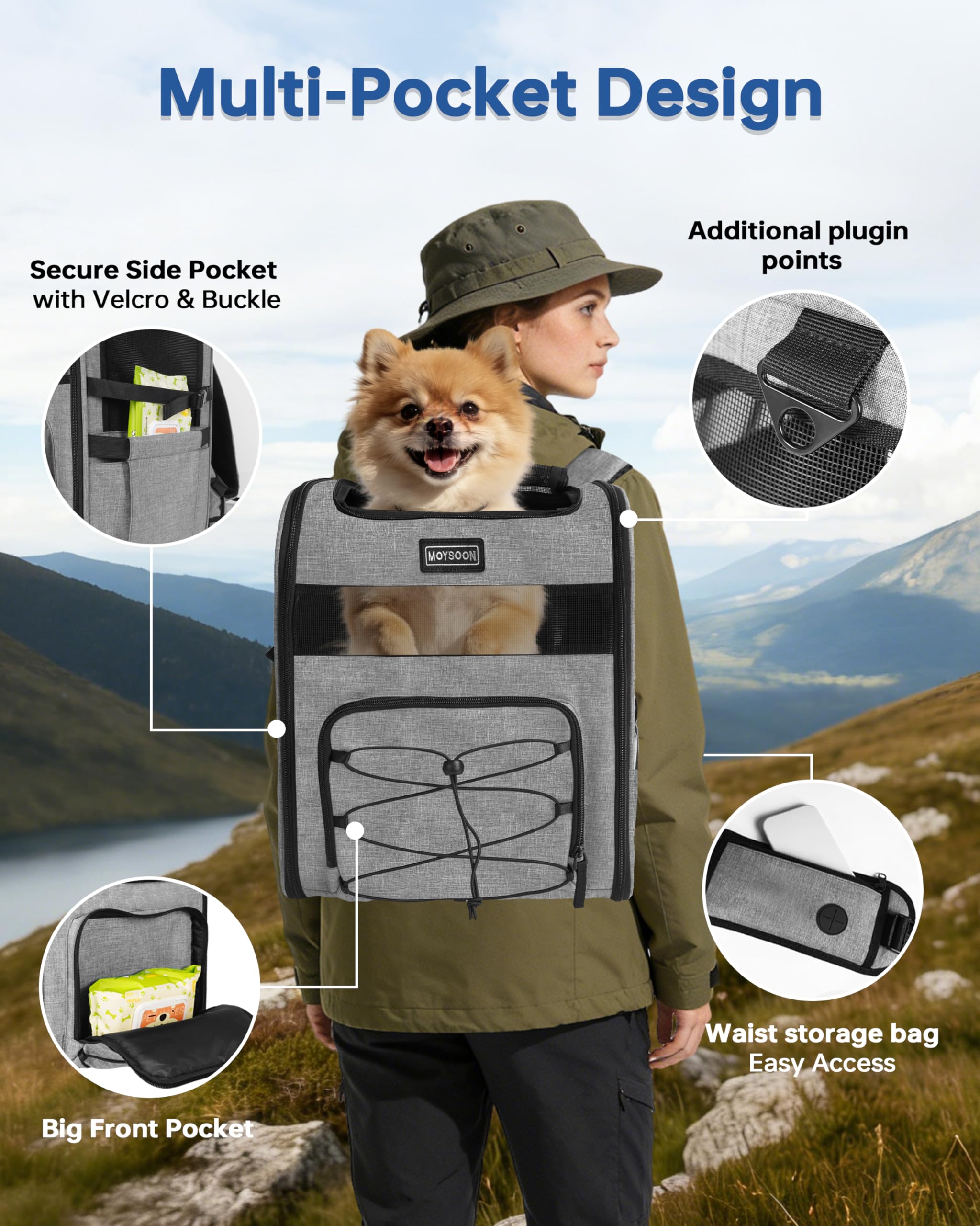 Moysoon sac dos chien randonnee poches exterieures—emportez gourde et accessoires sans encombre.