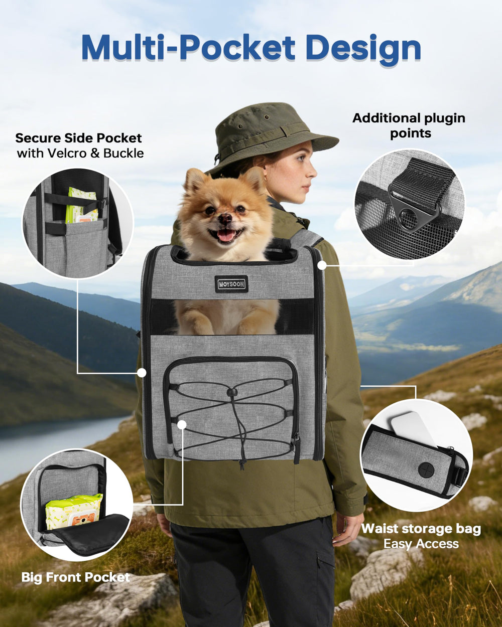 Moysoon sac dos chien randonnee poches exterieures—emportez gourde et accessoires sans encombre.