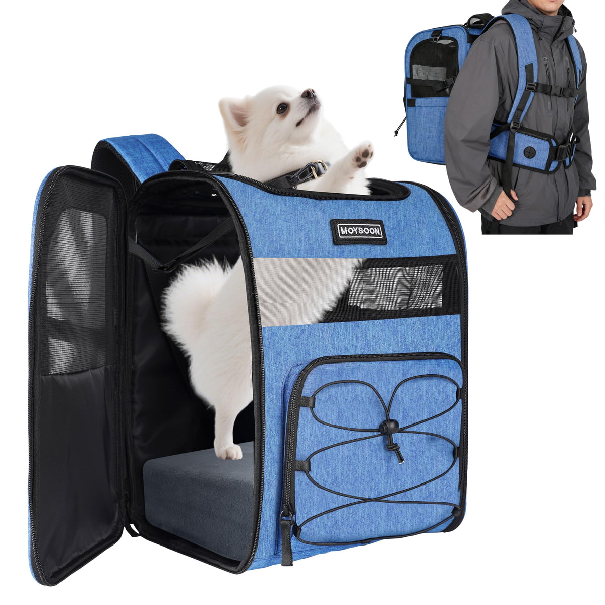 Moysoon sac porte-chien bleu, vue avant, idéal pour randonnées avec chien.