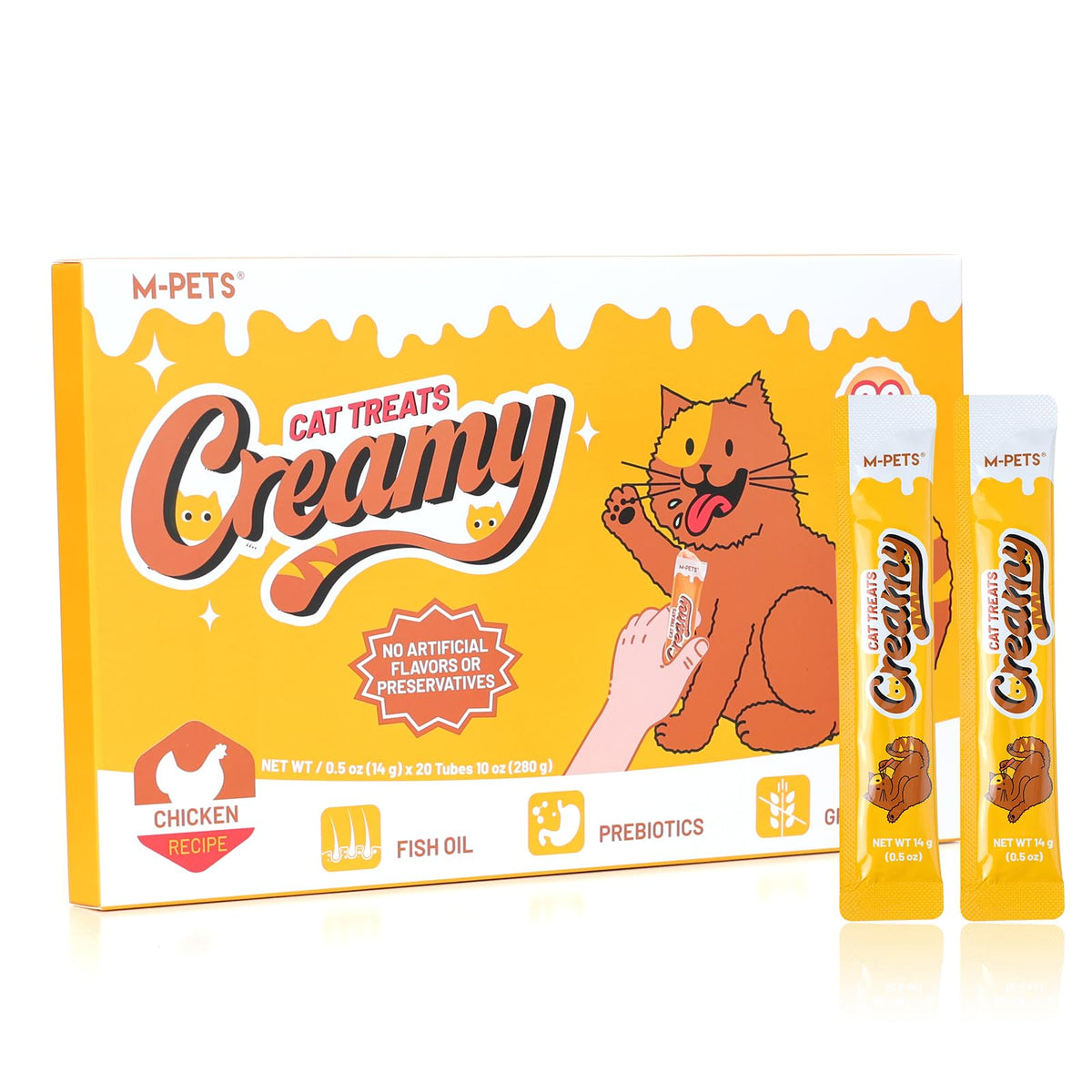 M-PETS mpets-tubes-viandes-triple-emballage: emballage clair, récompense quotidienne pratique pour chat.