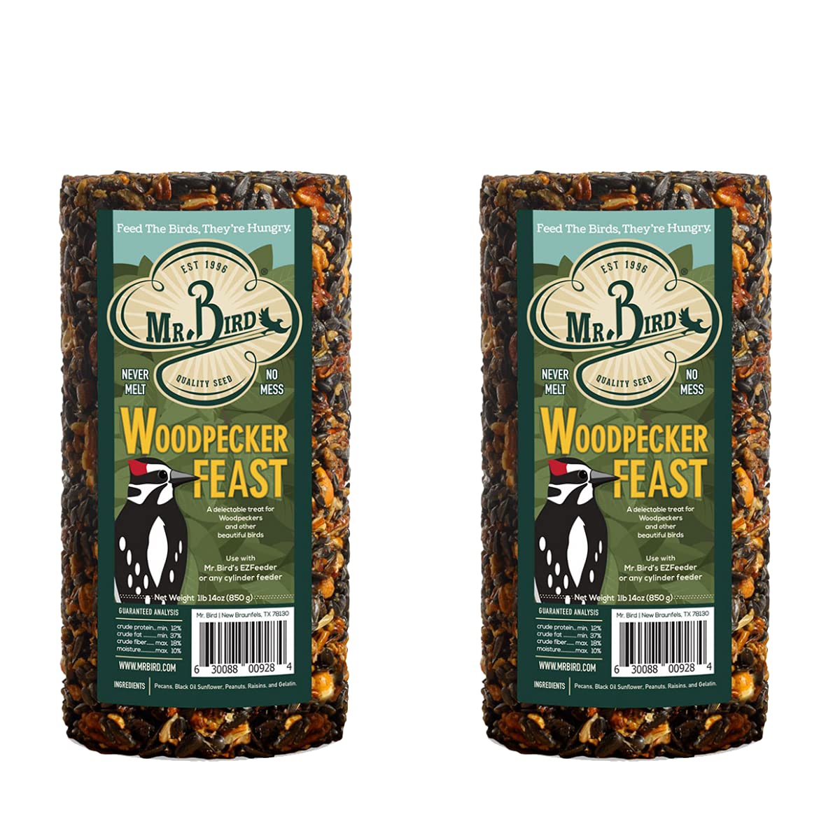 Mr. Bird Woodpecker Feast cylindre 2-pack attire rapidement les oiseaux.