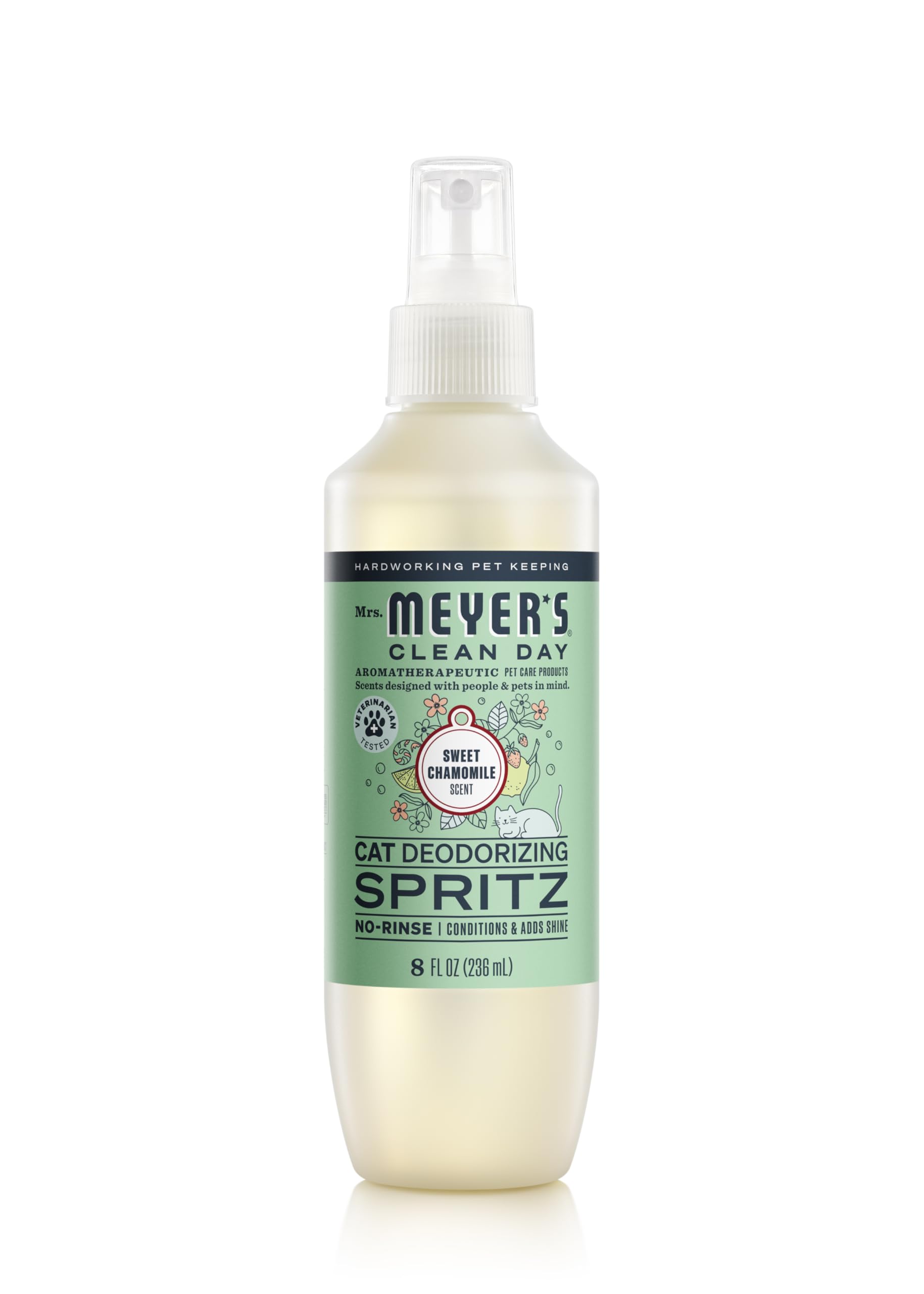 MRS. MEYER'S chat déodorisant spray camomille — bouteille prête à l'emploi et parfum apaisant.