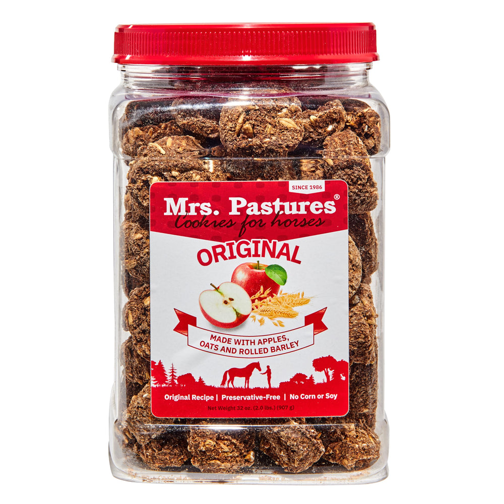Friandises Mrs. Pastures pour chevaux, texture croquante, récompense en entraînement.
