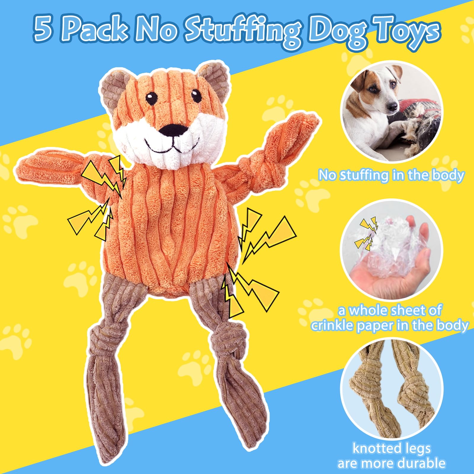 Jouet lion MRSOHRET avec sifflet et papier froissé.