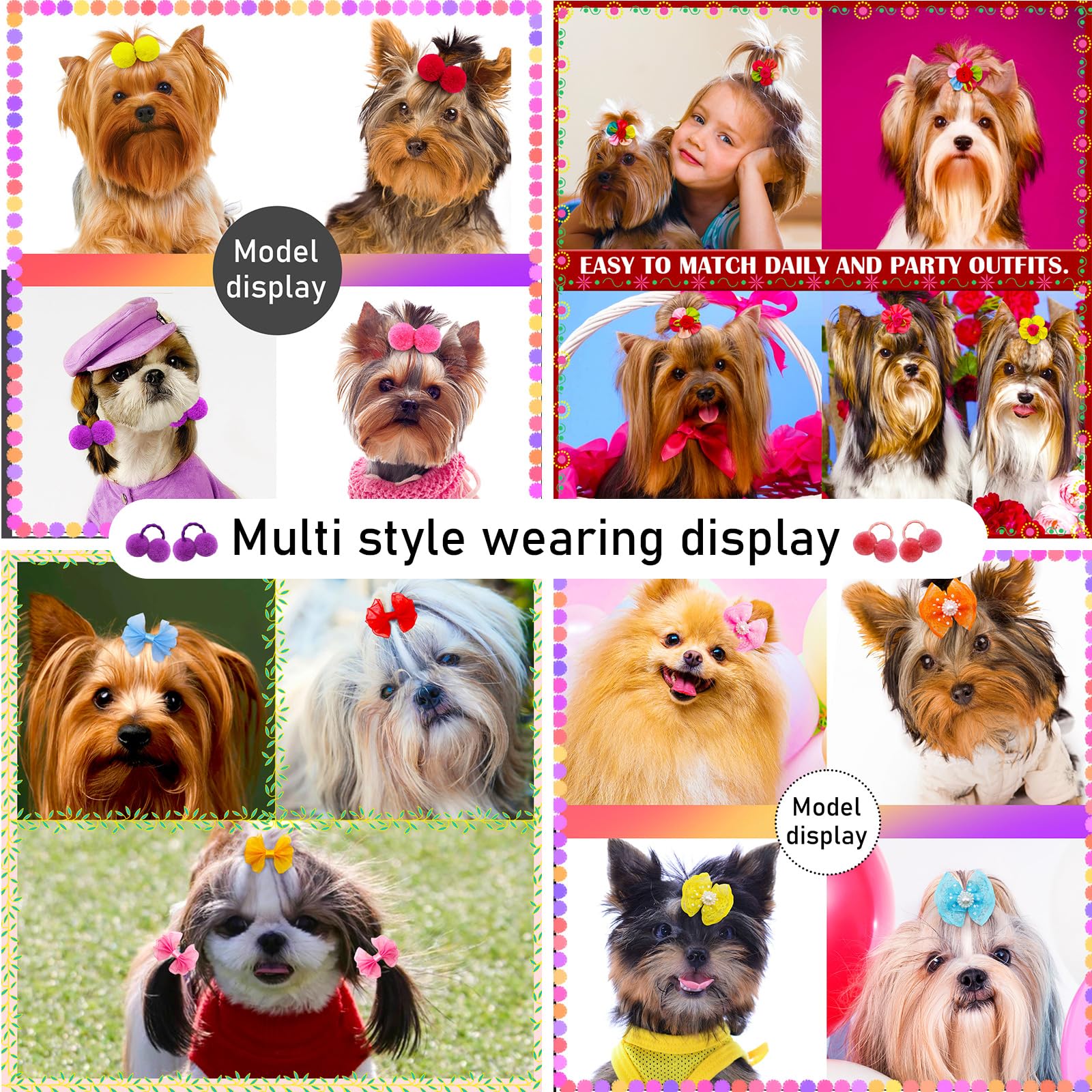 Barrettes Mruq pet fleurs puff-ball, douceur et style pour petits chiens.