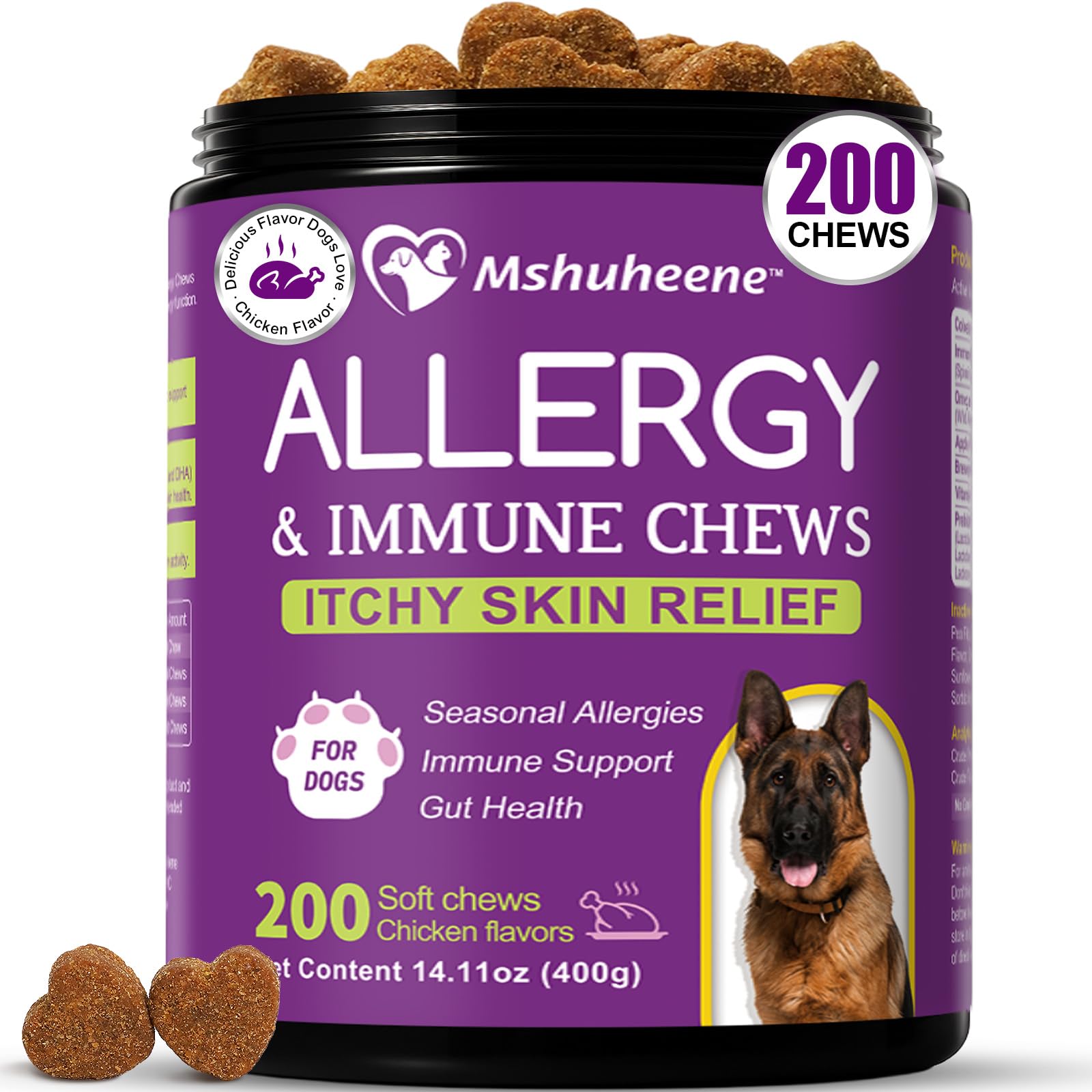 Mshuheene Chews allergie chien 200ct, pot visible et bouchées faciles à administrer.