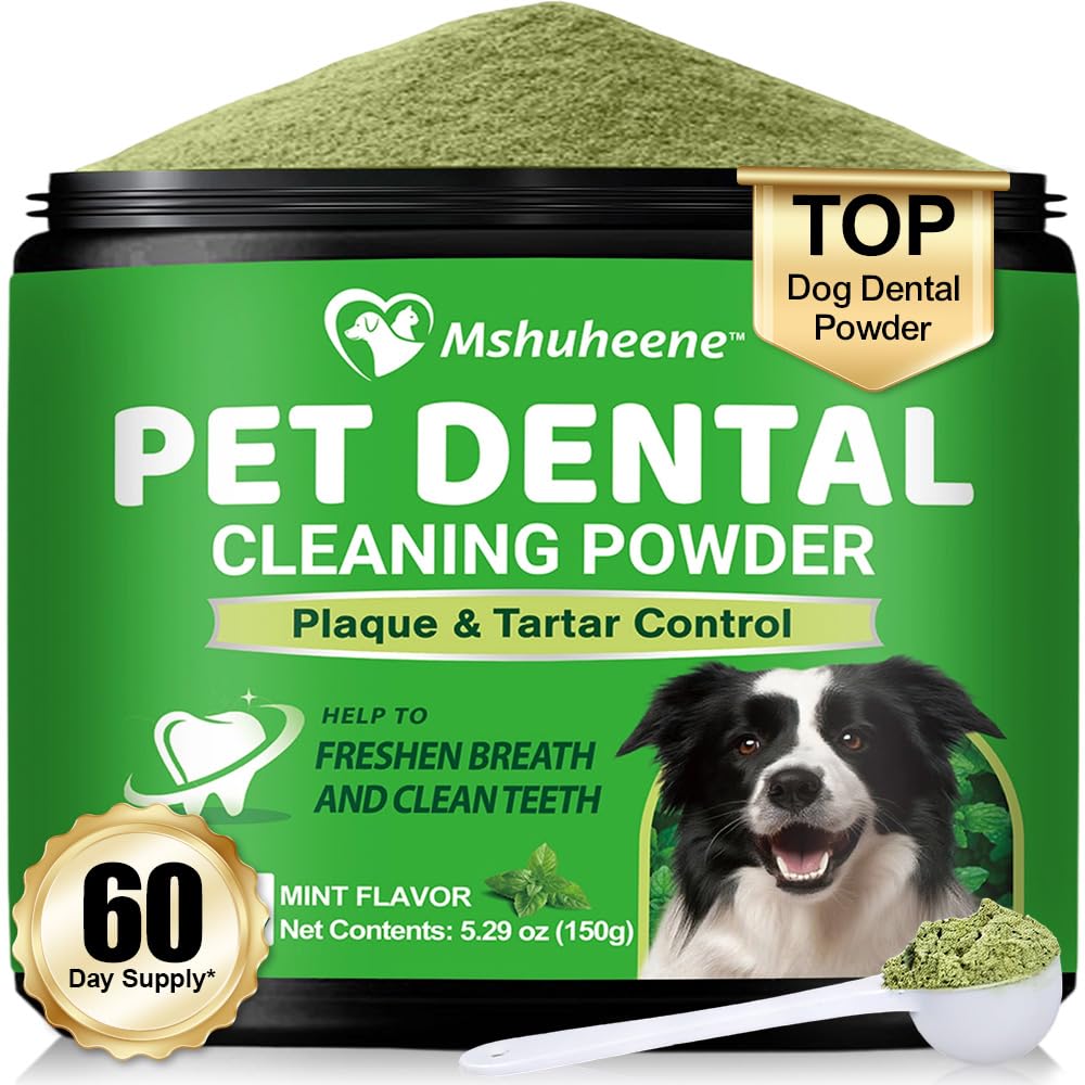 Poudre dentaire Mshuheene en bouteille pour chien, haleine plus fraîche.