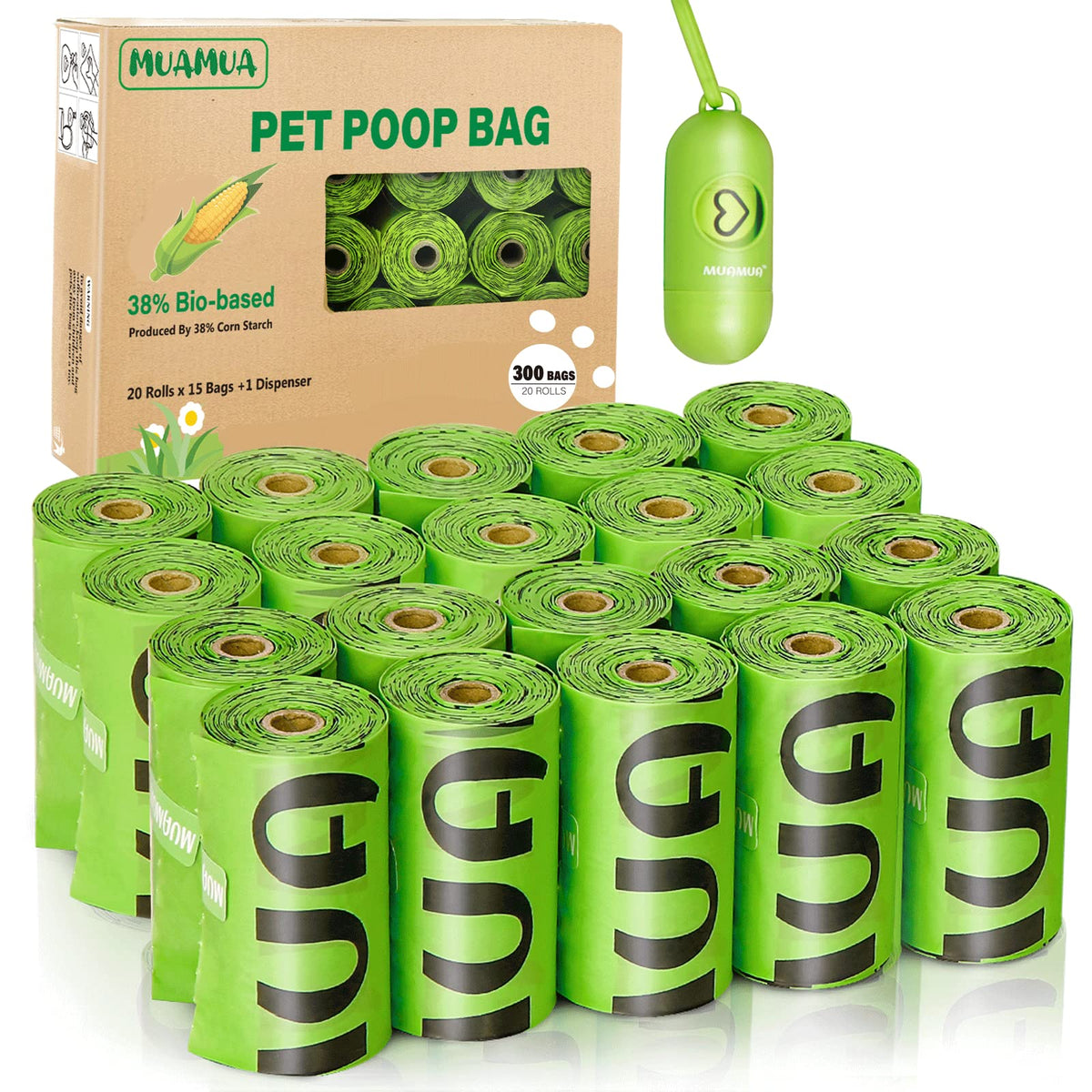 MUAMUA sacs crottes biodégradables avec distributeur, pratique pour des promenades propres.