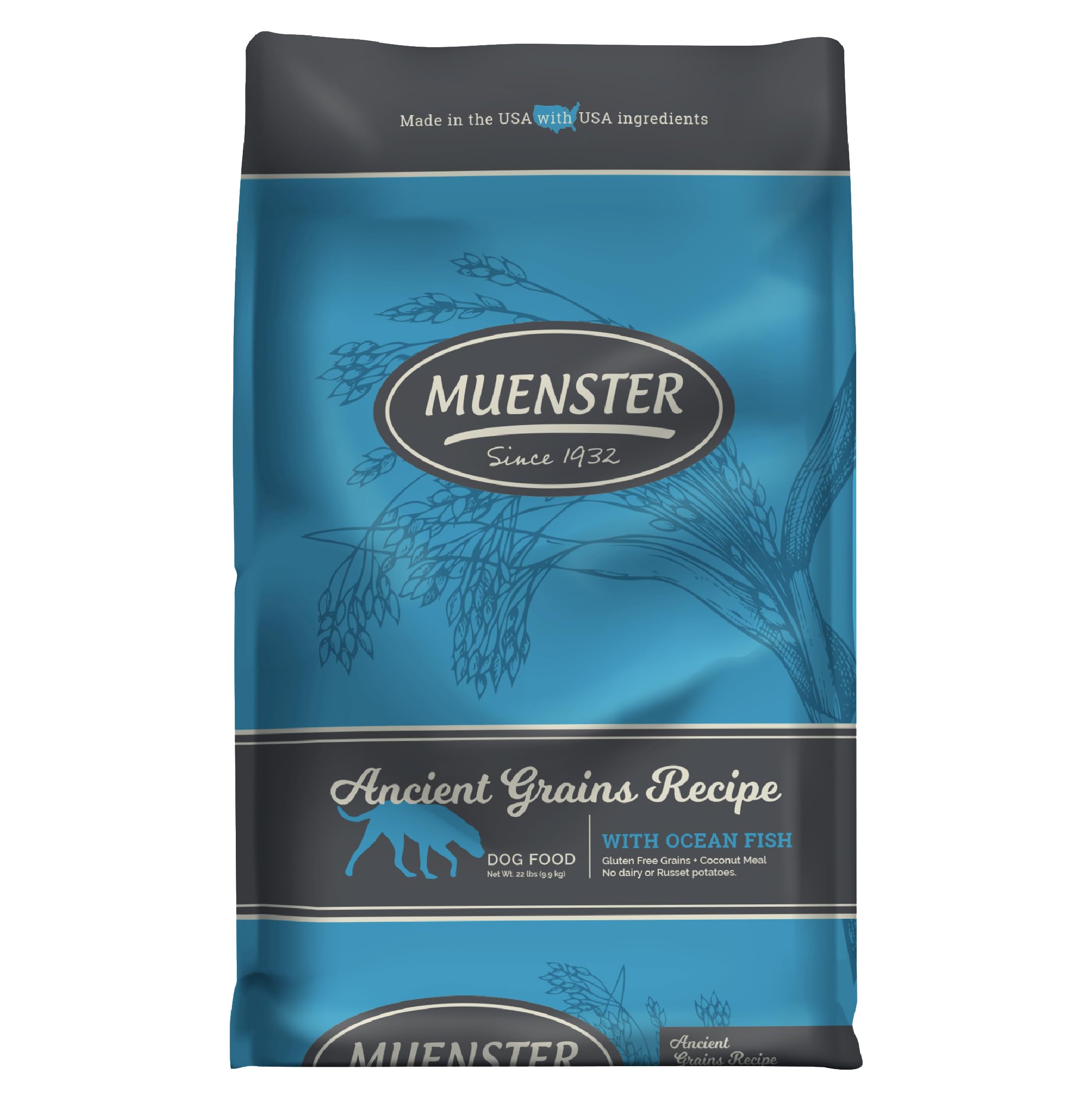 Muenster Ancient Grains Ocean Fish croquettes sèches adaptées à la digestion et à l'énergie.