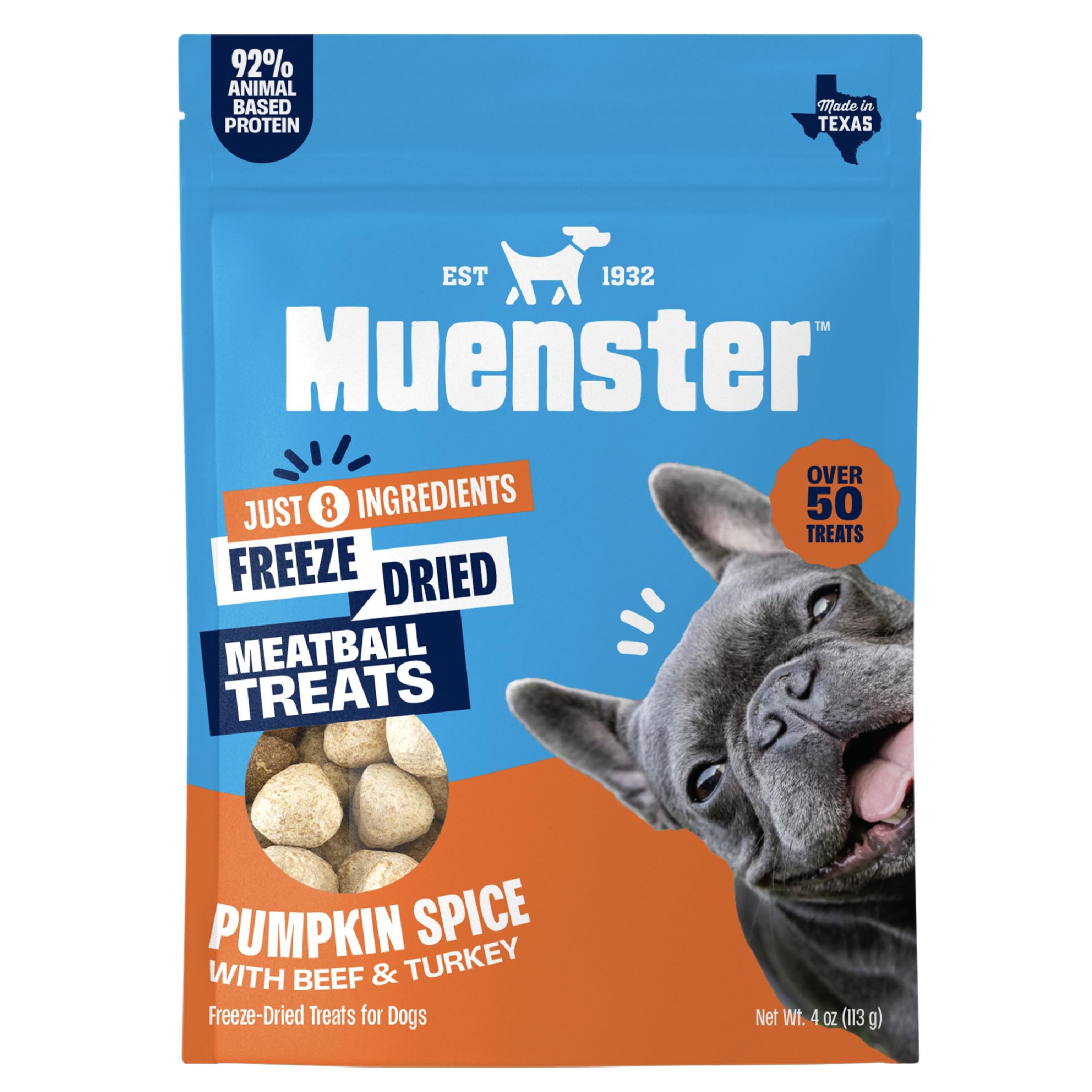 Boulettes Muenster à la citrouille et viande, lyophilisées et riches en protéines.