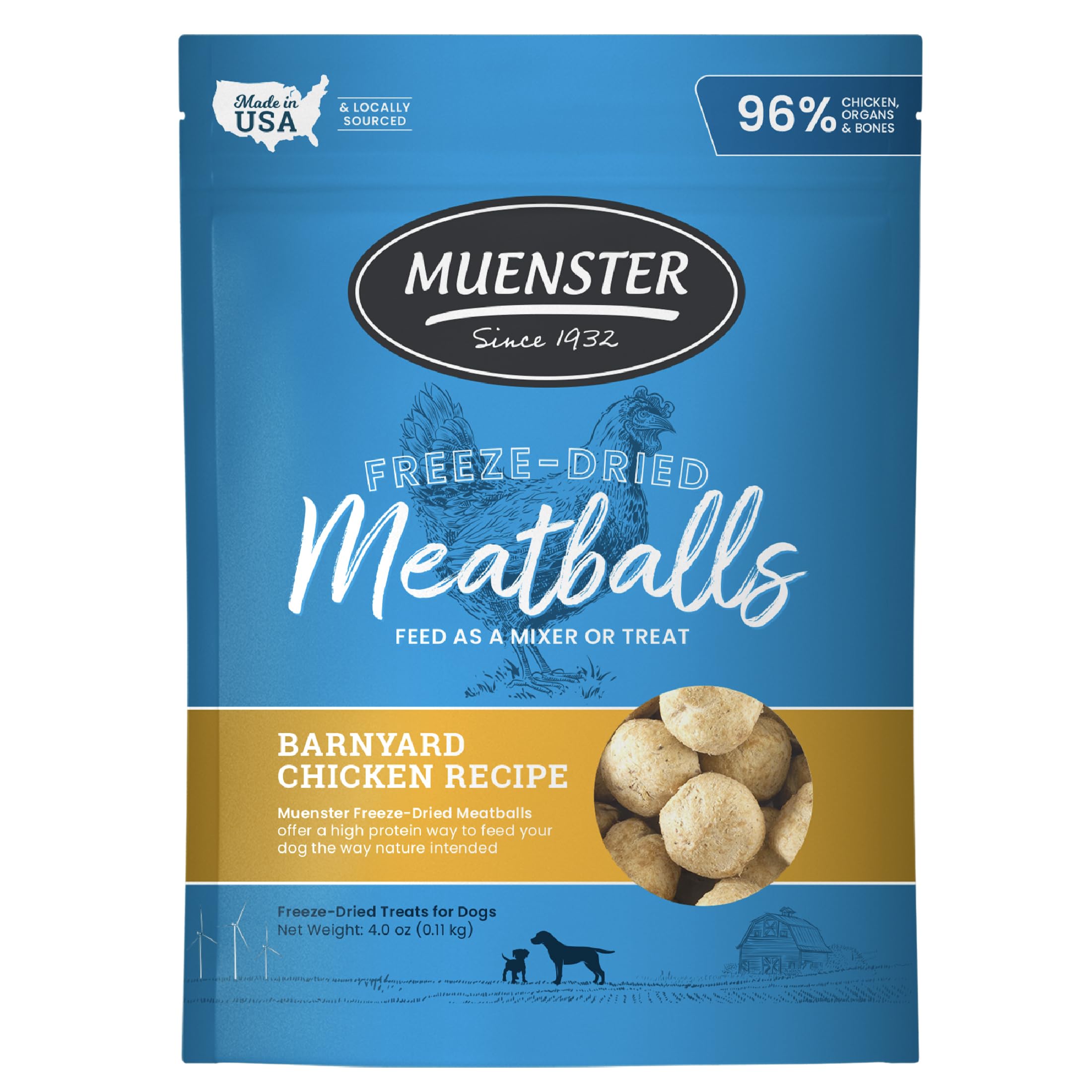 Muenster Boulettes de poulet lyophilisées pour chien, texture appétissante et pratique.