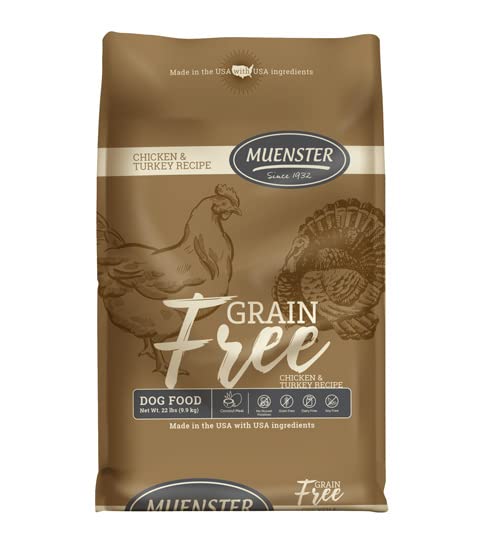 Muenster croquettes sans grains pour chien, poulet et dinde, idéale pour palais sensibles.