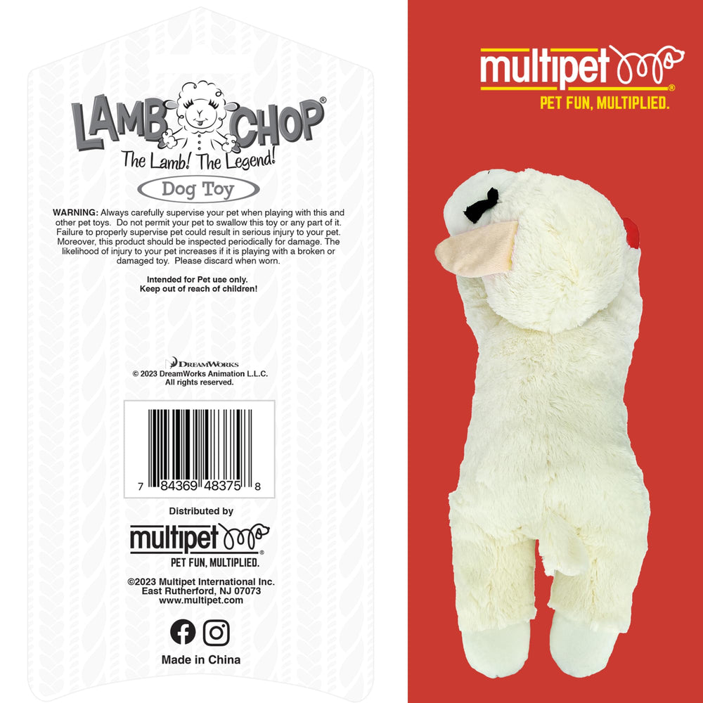 Étiquette officielle Multipet Lamb Chop, jouet licencié pour chiens.