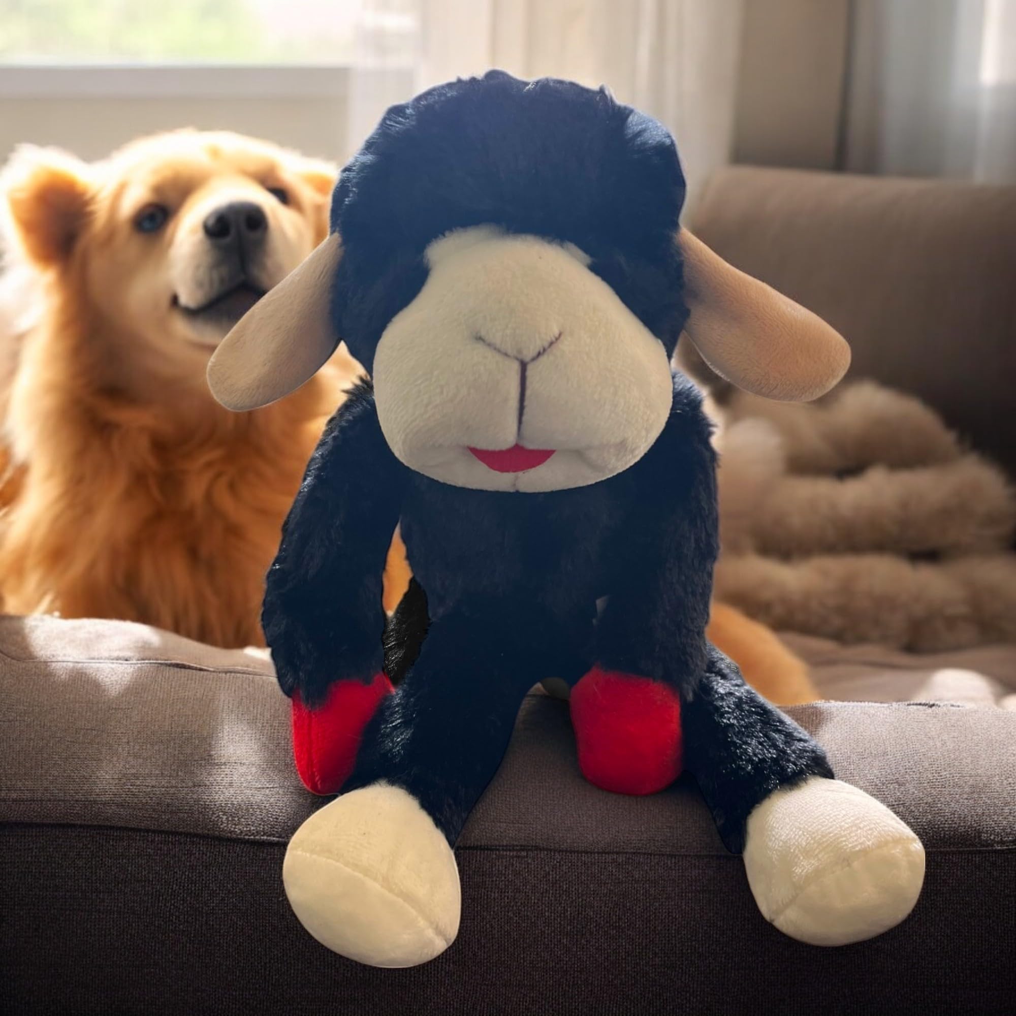 Peluche Multipet Lamb Chop noir avec sifflet intégré, utile pour attirer l’attention du chien.