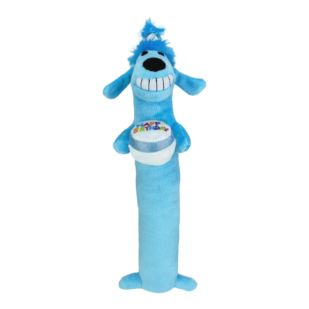 Peluche multipet loofa-dog avec chapeau anniversaire bleu, parfait pour le jeu et le câlin.