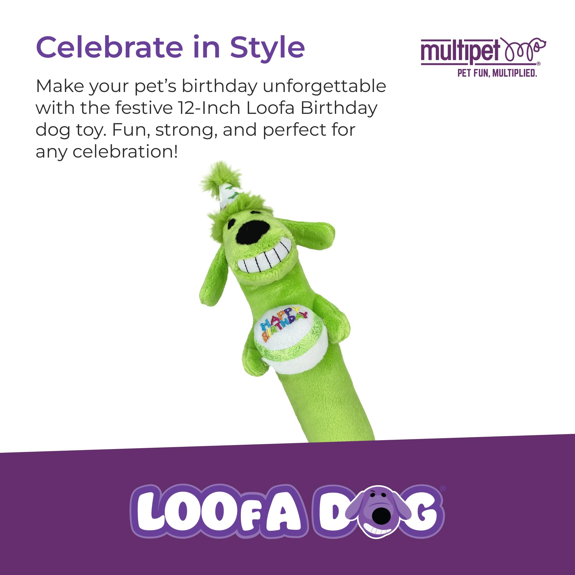 Peluche multipet loofa-dog avec chapeau anniversaire rose, stimule le jeu avec sifflet.