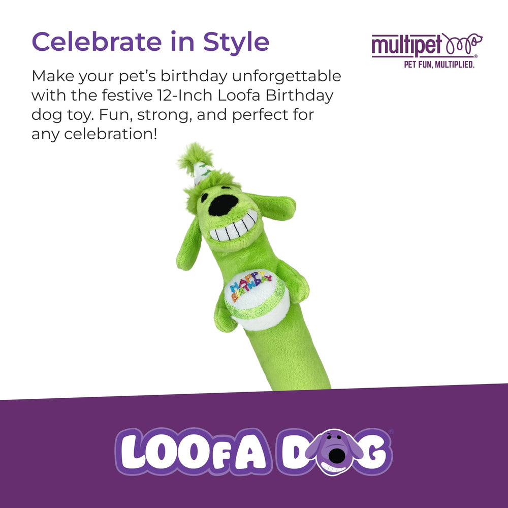 Peluche multipet loofa-dog avec chapeau anniversaire rose, stimule le jeu avec sifflet.
