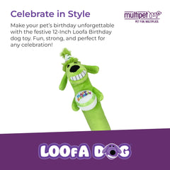 Peluche multipet loofa-dog avec chapeau anniversaire rose, stimule le jeu avec sifflet.