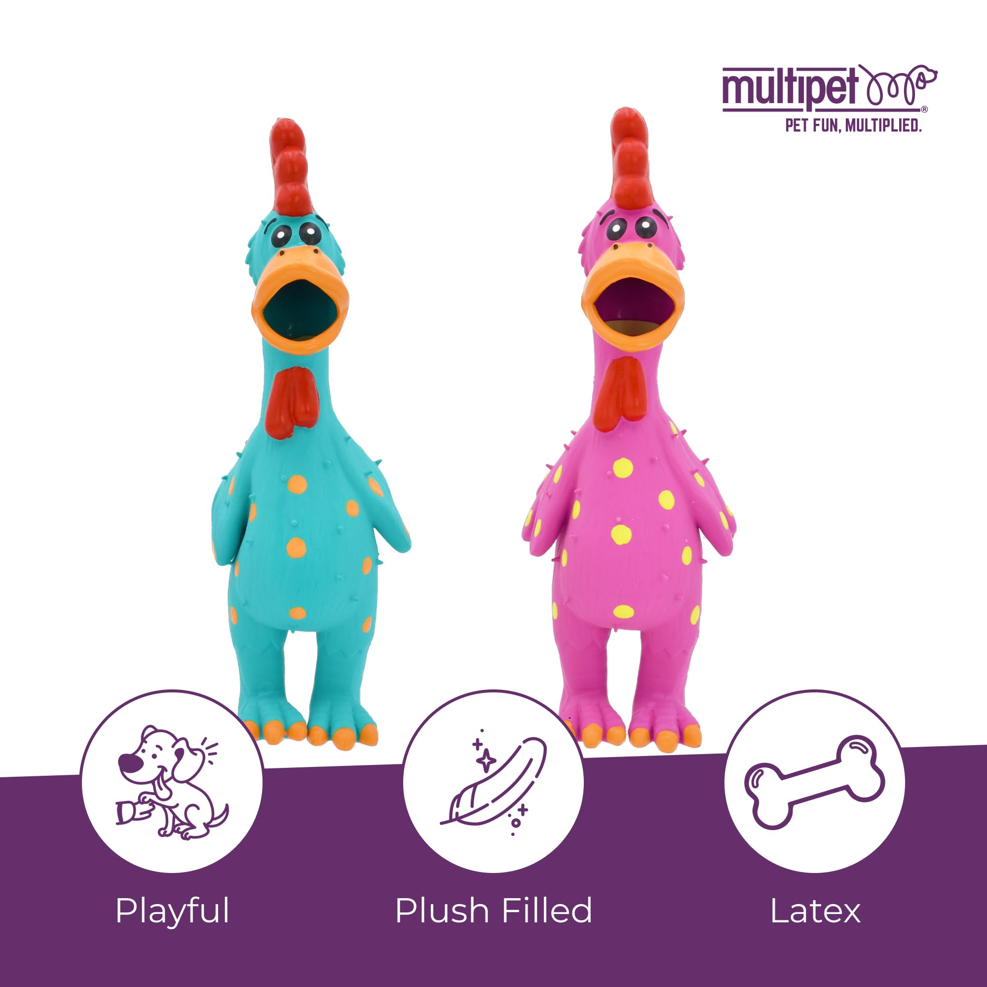 Jouet Multipet poulet à pois en latex, extérieur lavable et durable