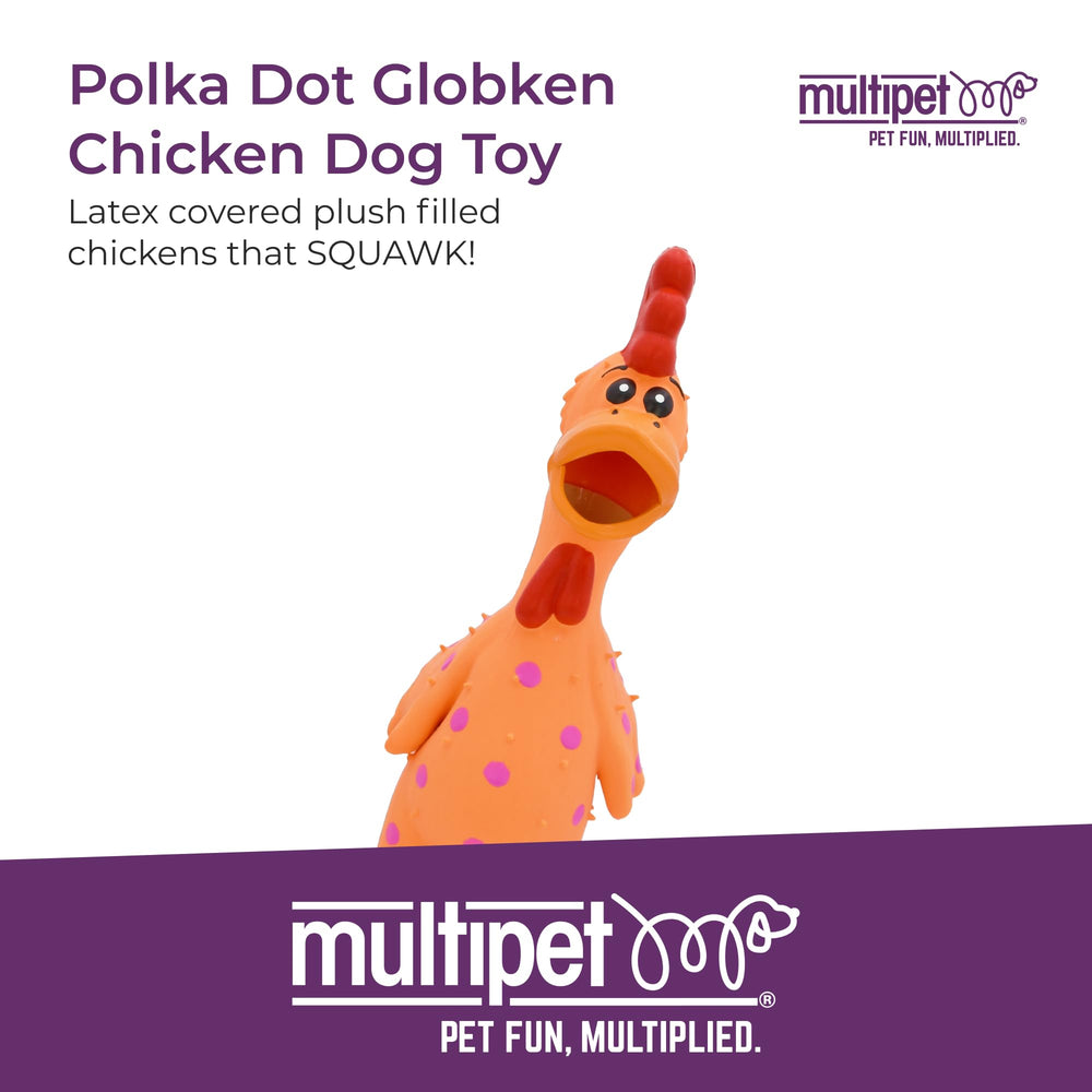 Jouet Multipet poulet à pois en latex avec couineur intégré pour stimuler le jeu