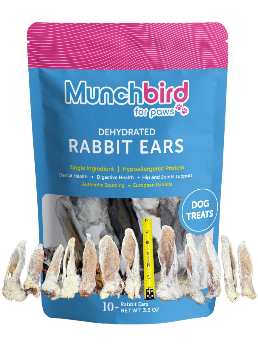 Munchbird Oreilles de Lapin Séchées: friandise naturelle et croquante pour chiens.