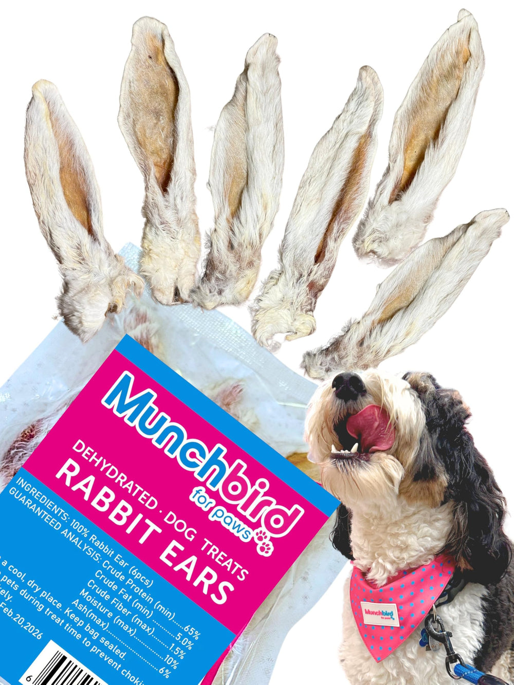Munchbird oreilles lapin sèches pour chien, bouchée naturelle et croustillante.