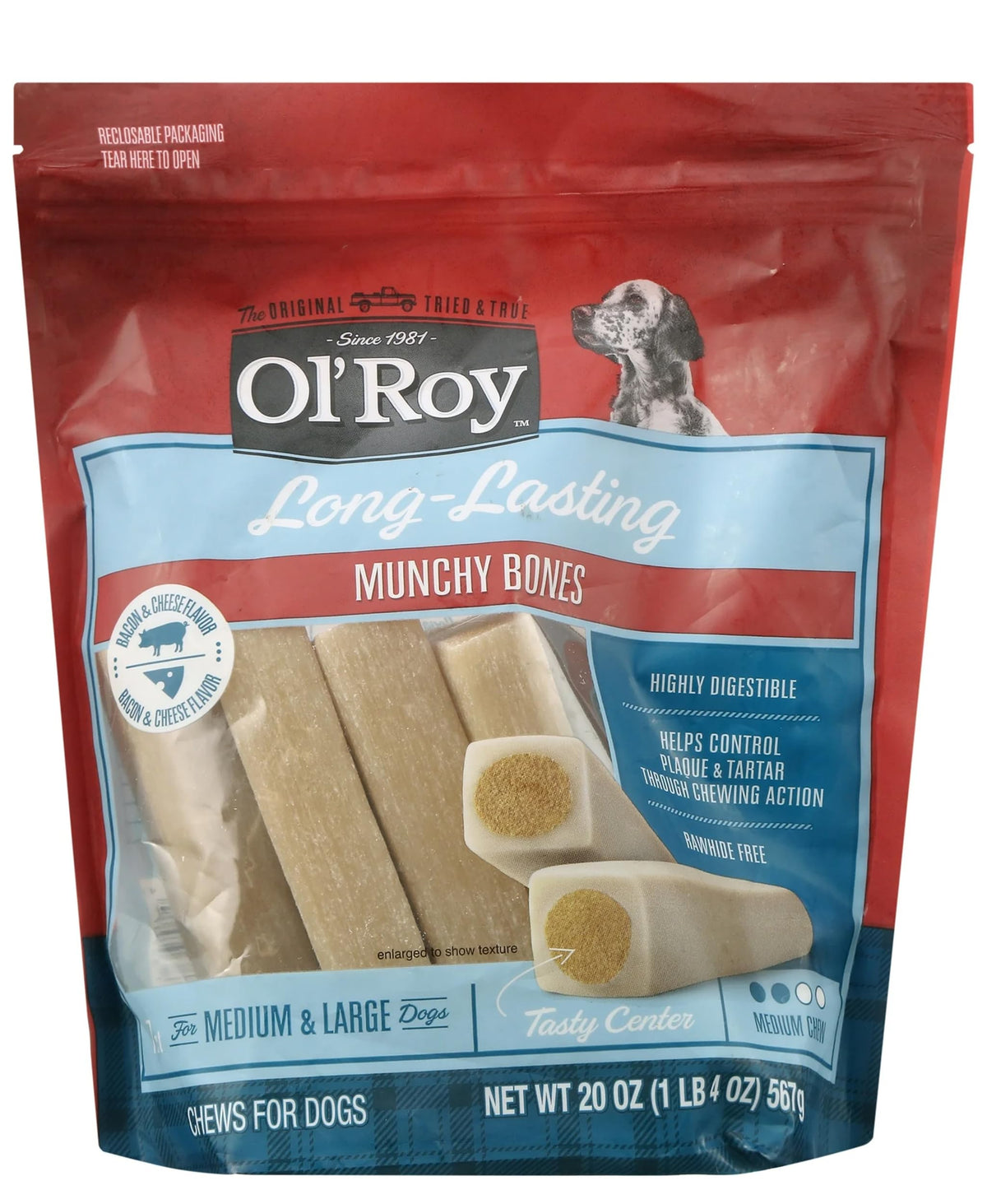 Munchy Dog Bones extérieur durable pour mastication longue et saveur bacon-fromage.