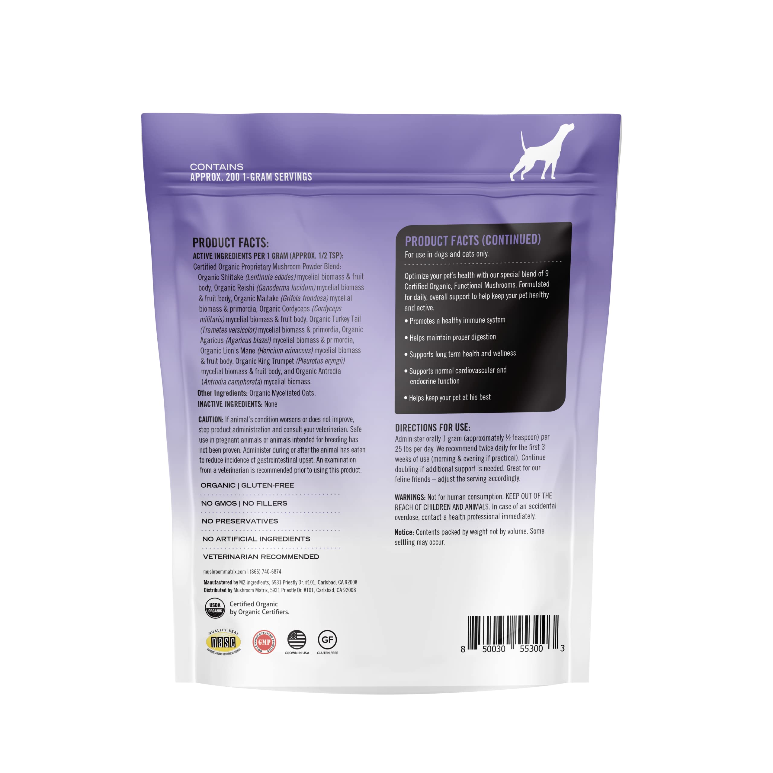 Om Mushroom Matrix dose d’un gramme pour chien ou chat, administration simple.