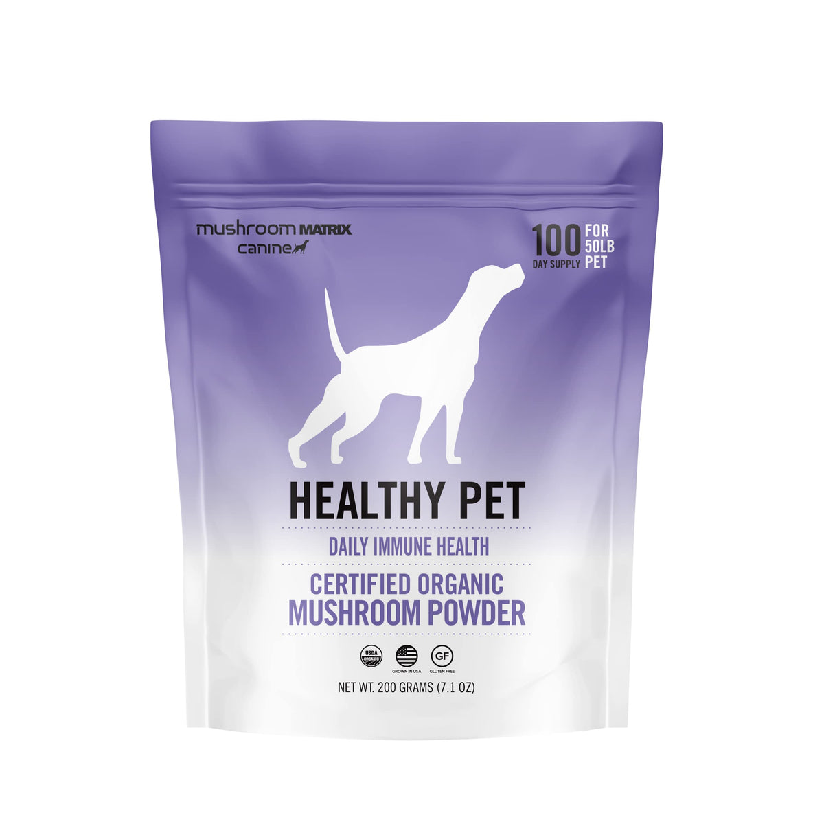 Om Mushroom Matrix emballage poudre immunitaire pour chiens et chats, soutien quotidien potentiel.