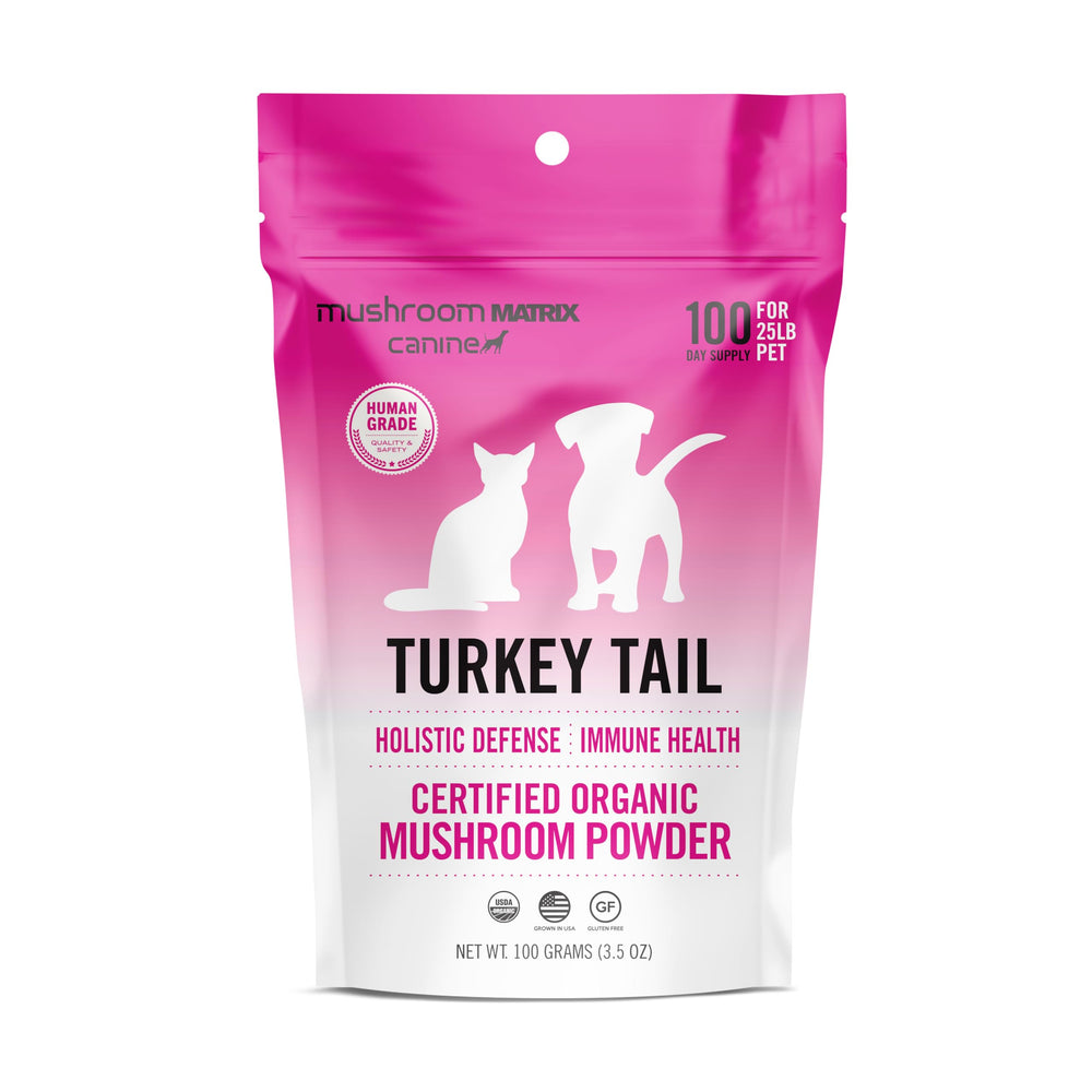 Om Mushroom Matrix Pet Poudre Queue de Dinde, soutien immunitaire potentiel pour chiens et chats.