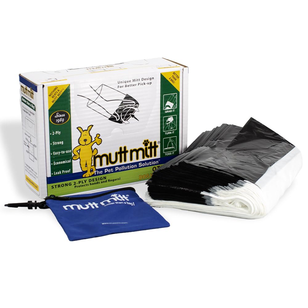 Mutt Mitt Dispense-A-Mitt: boîte murale montrant 200 sachets prêts à l’emploi.